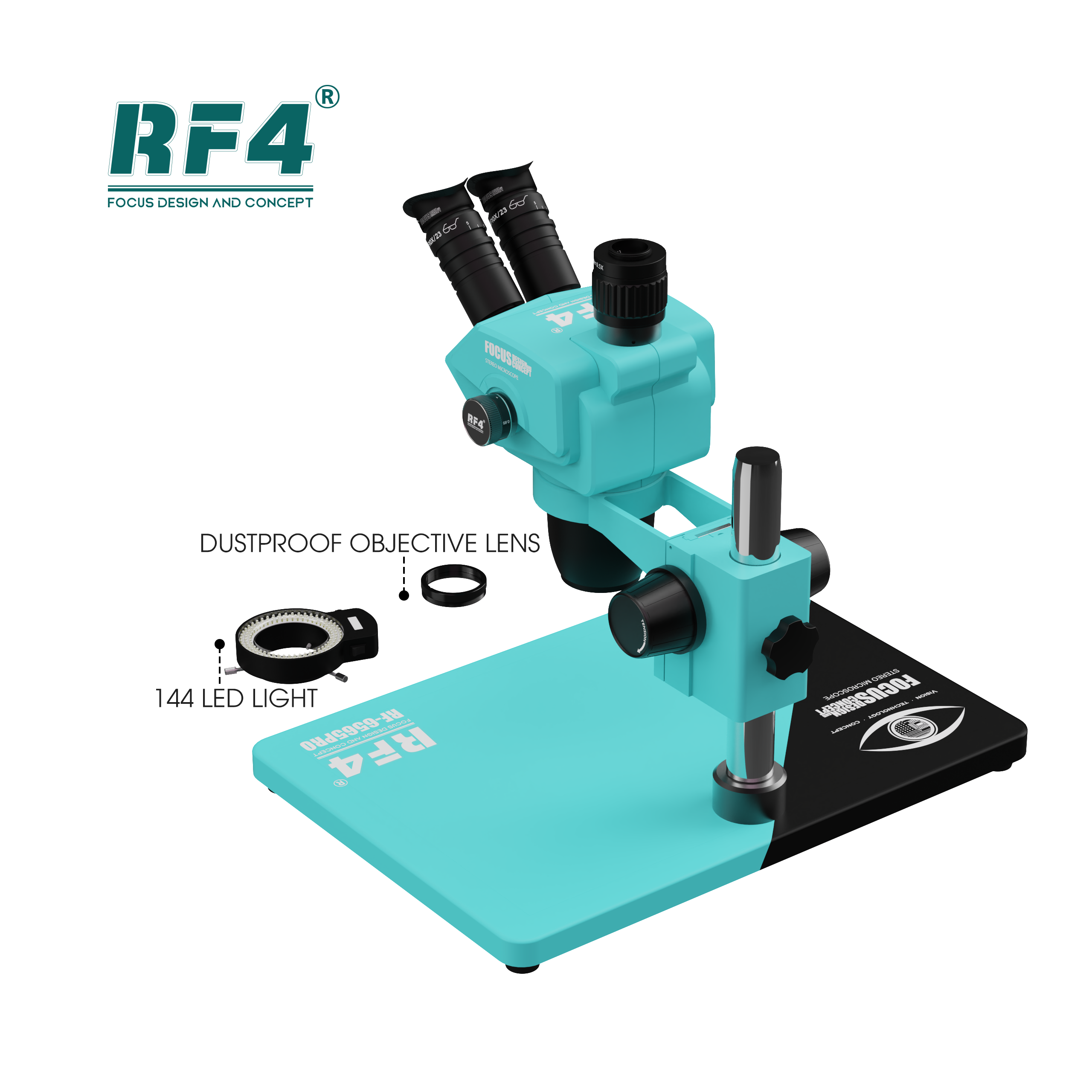 RF4 RF6565Pro 6.5-65X Synchronous Zoom Trinocular Stereo Microscope with Aluminum Alloy Base