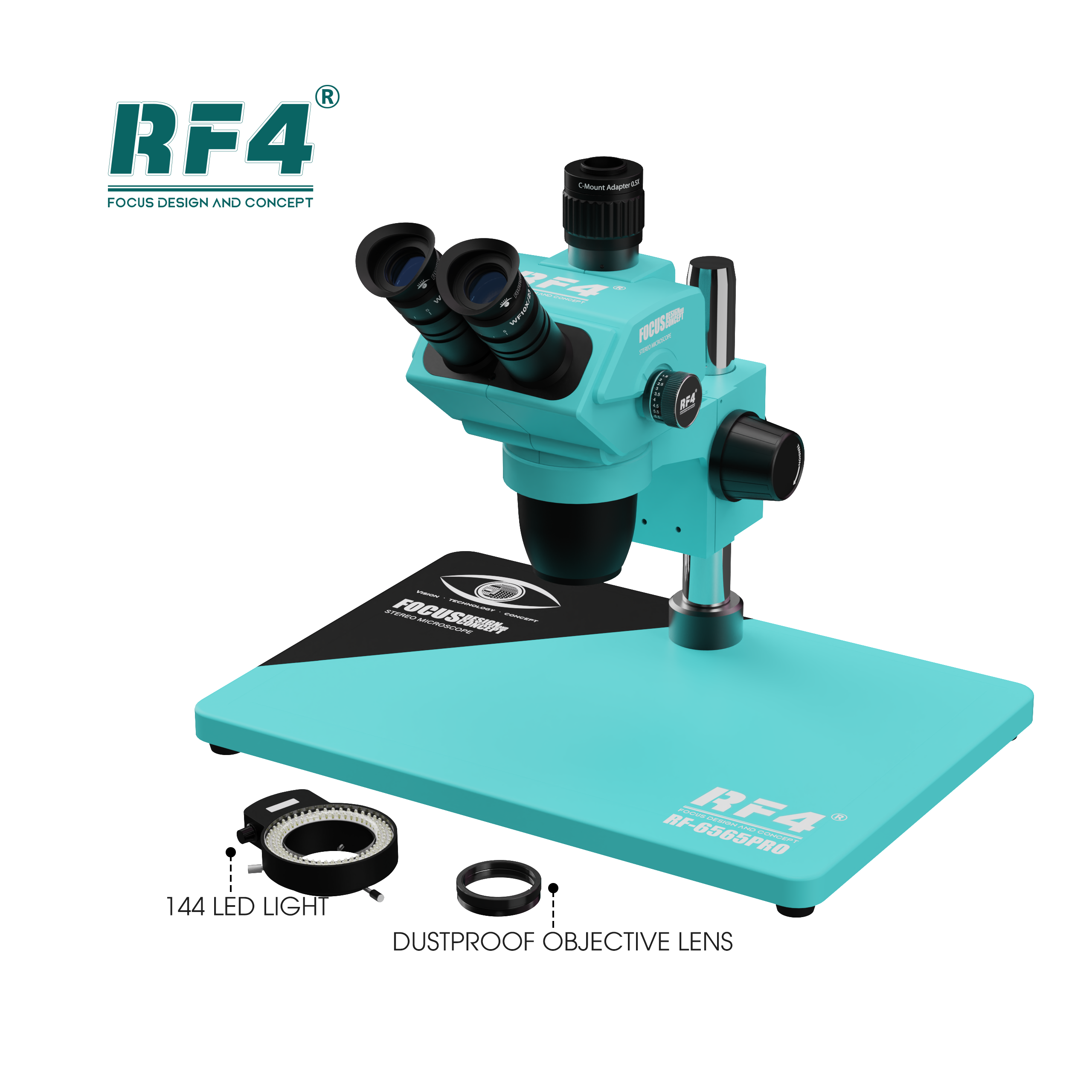 RF4 RF6565Pro 6.5-65X Synchronous Zoom Trinocular Stereo Microscope with Aluminum Alloy Base