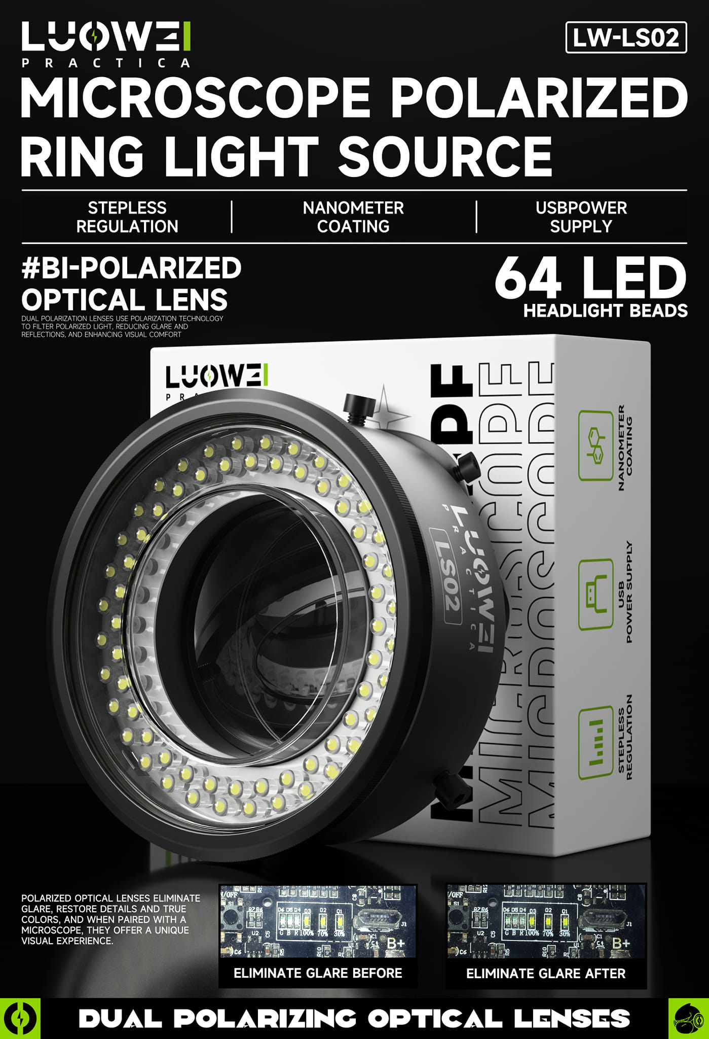Luowei LW-LS02 64 LED Beads Caliber 61mm Microscope Polarized Ring Light Source
