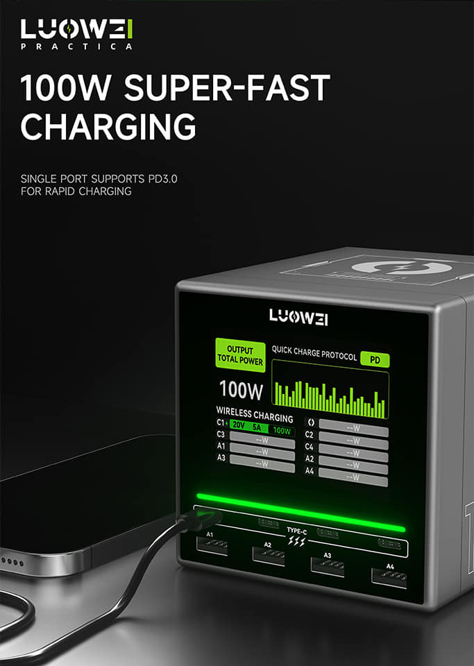 Luowei LW-U1 140W Raptor 8-Ports USB & Type-C Charger Station with Wireless Charging