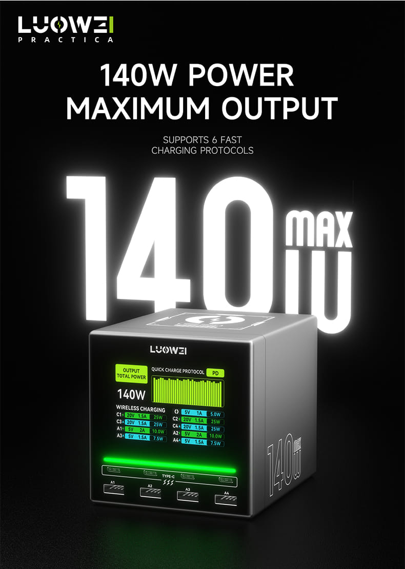Luowei LW-U1 140W Raptor 8-Ports USB & Type-C Charger Station with Wireless Charging