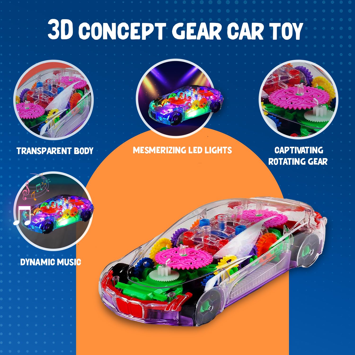 3D Concept Gear Car Toy with 3D Lights and Musical Sounds Effect | Bump N' Go Action Car for Kids/Girls/Boys | Multi Color, Power Source: 3xAA Battery (Not Included)