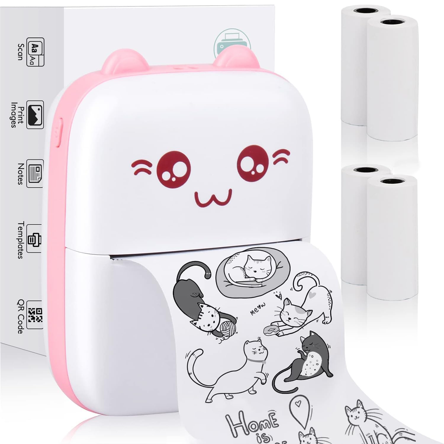 Mini Pocket Printer,Portable Thermal Printer for Label,Text Memo,Receipt,Sticker,Photo Printers, BT Inkless Printing, Wireless Bluetooth Printer Compatible with iOS and Android Pink Cat