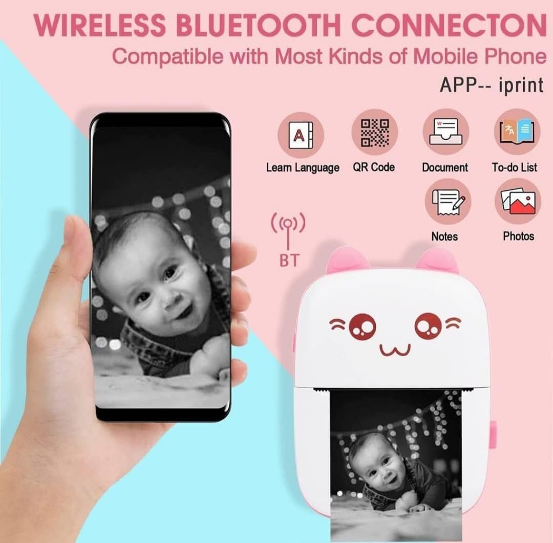 Mini Pocket Printer,Portable Thermal Printer for Label,Text Memo,Receipt,Sticker,Photo Printers, BT Inkless Printing, Wireless Bluetooth Printer Compatible with iOS and Android Pink Cat