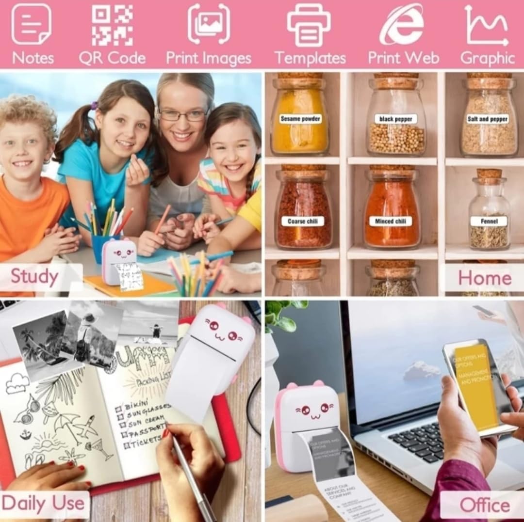 Mini Pocket Printer,Portable Thermal Printer for Label,Text Memo,Receipt,Sticker,Photo Printers, BT Inkless Printing, Wireless Bluetooth Printer Compatible with iOS and Android Pink Cat
