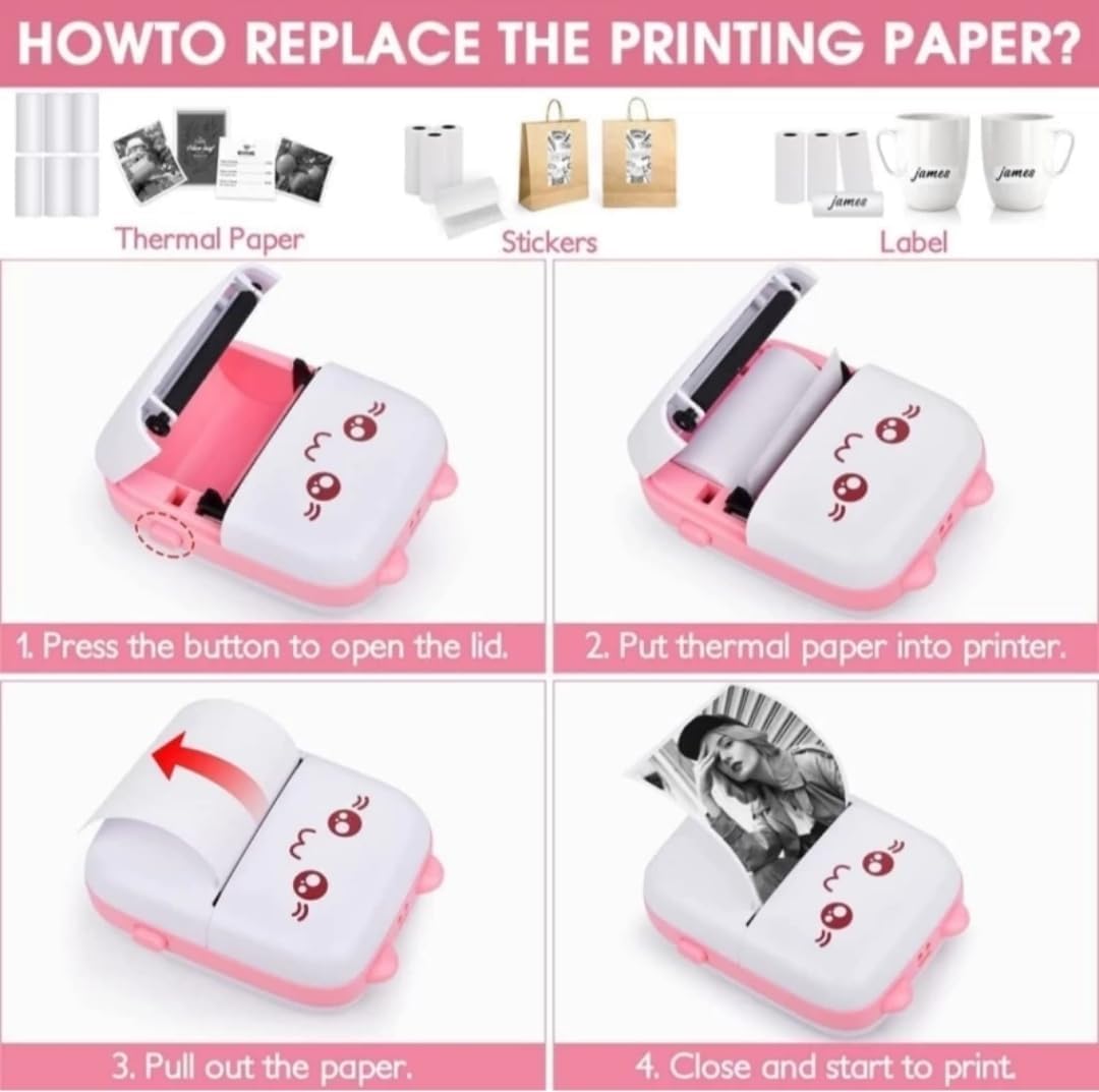 Mini Pocket Printer,Portable Thermal Printer for Label,Text Memo,Receipt,Sticker,Photo Printers, BT Inkless Printing, Wireless Bluetooth Printer Compatible with iOS and Android Pink Cat
