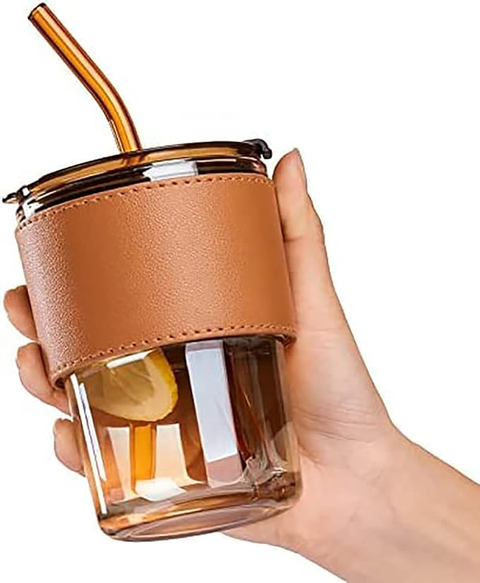 Glass Tumbler with Leather Sleeve and Straw
