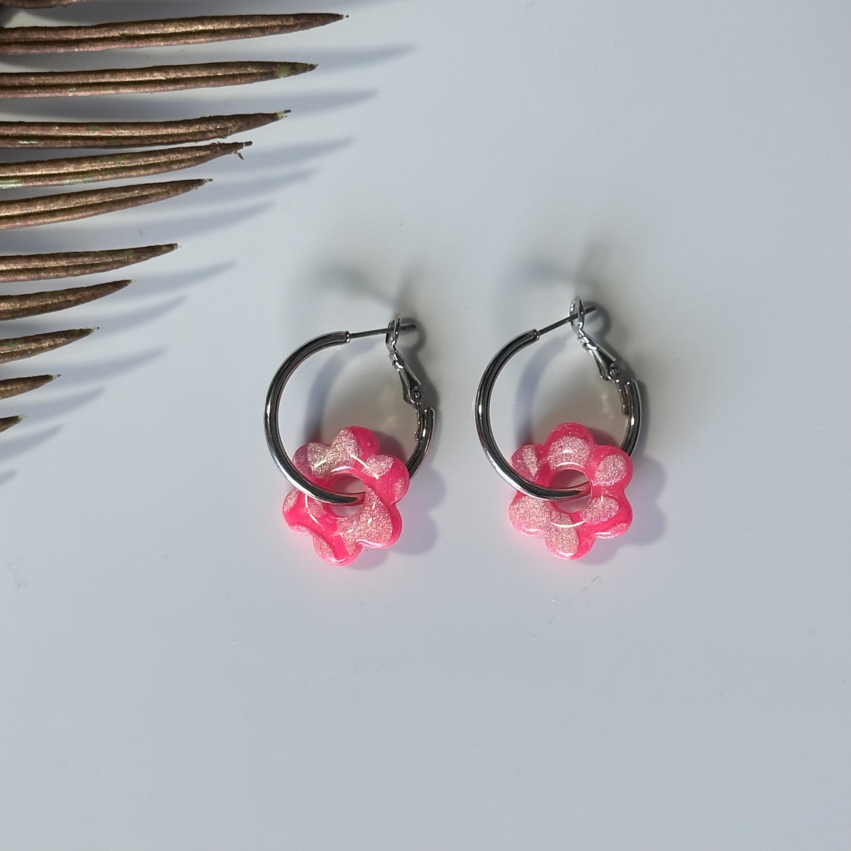 Silver Hoop Earrings with Pink Flower Charms
