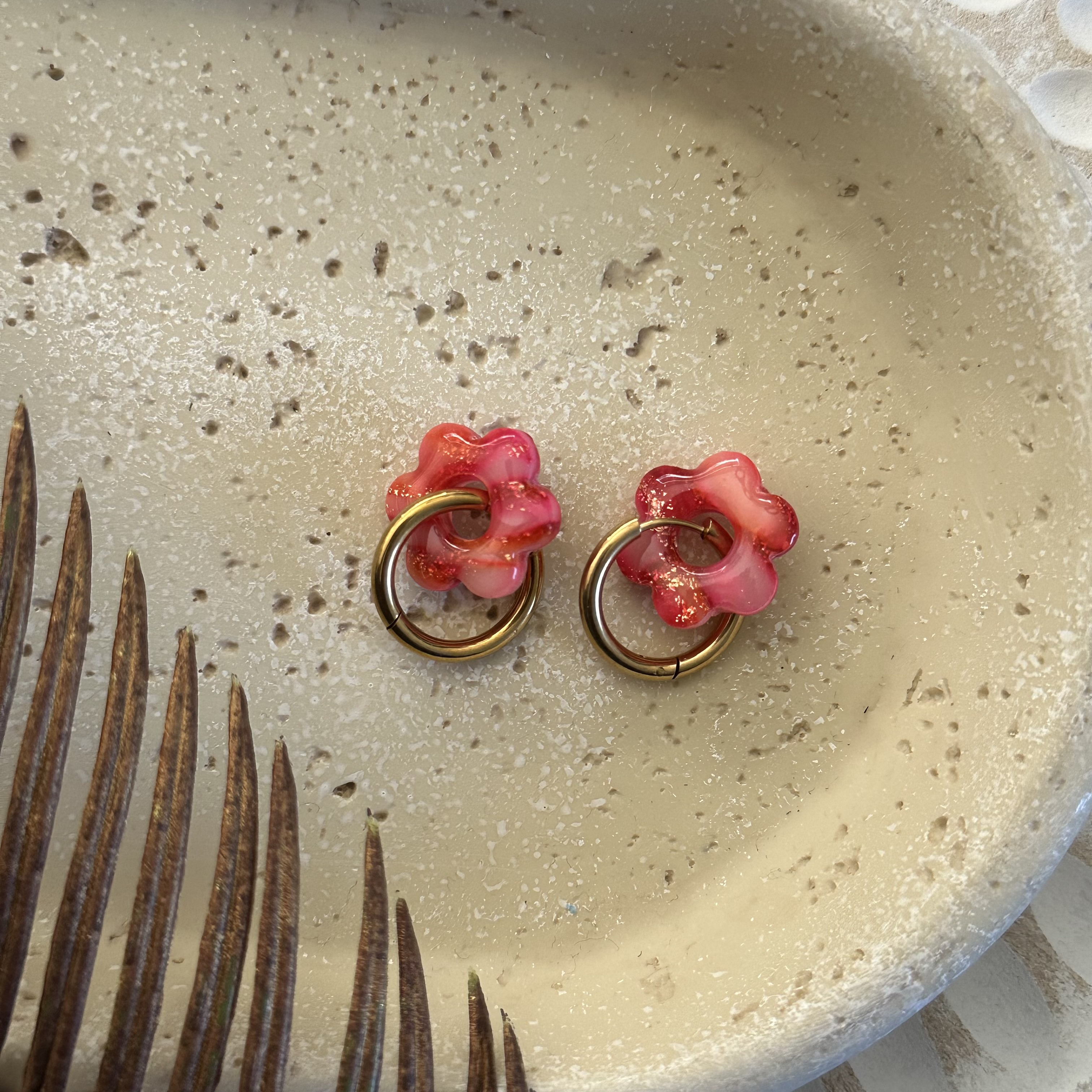 Pink Flower Hoops Earrings