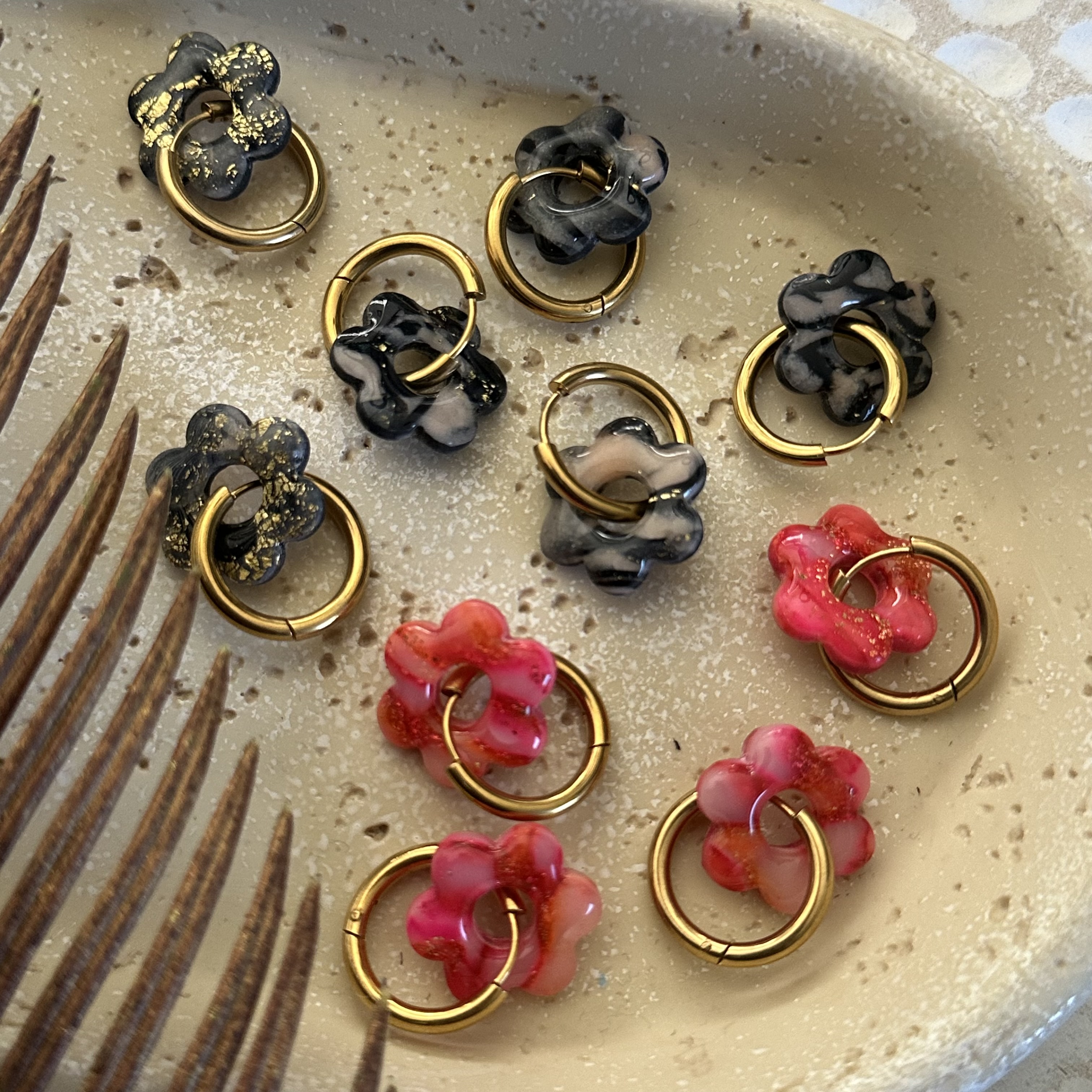 Pink Flower Hoops Earrings