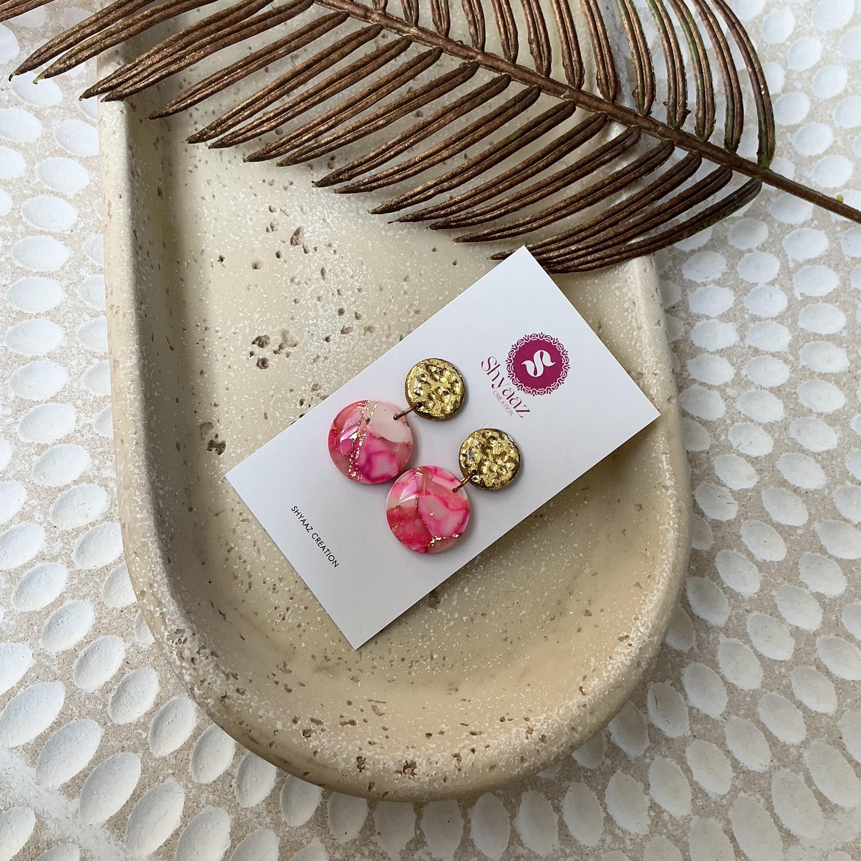 Gold and Pink Marble Dangle Earrings