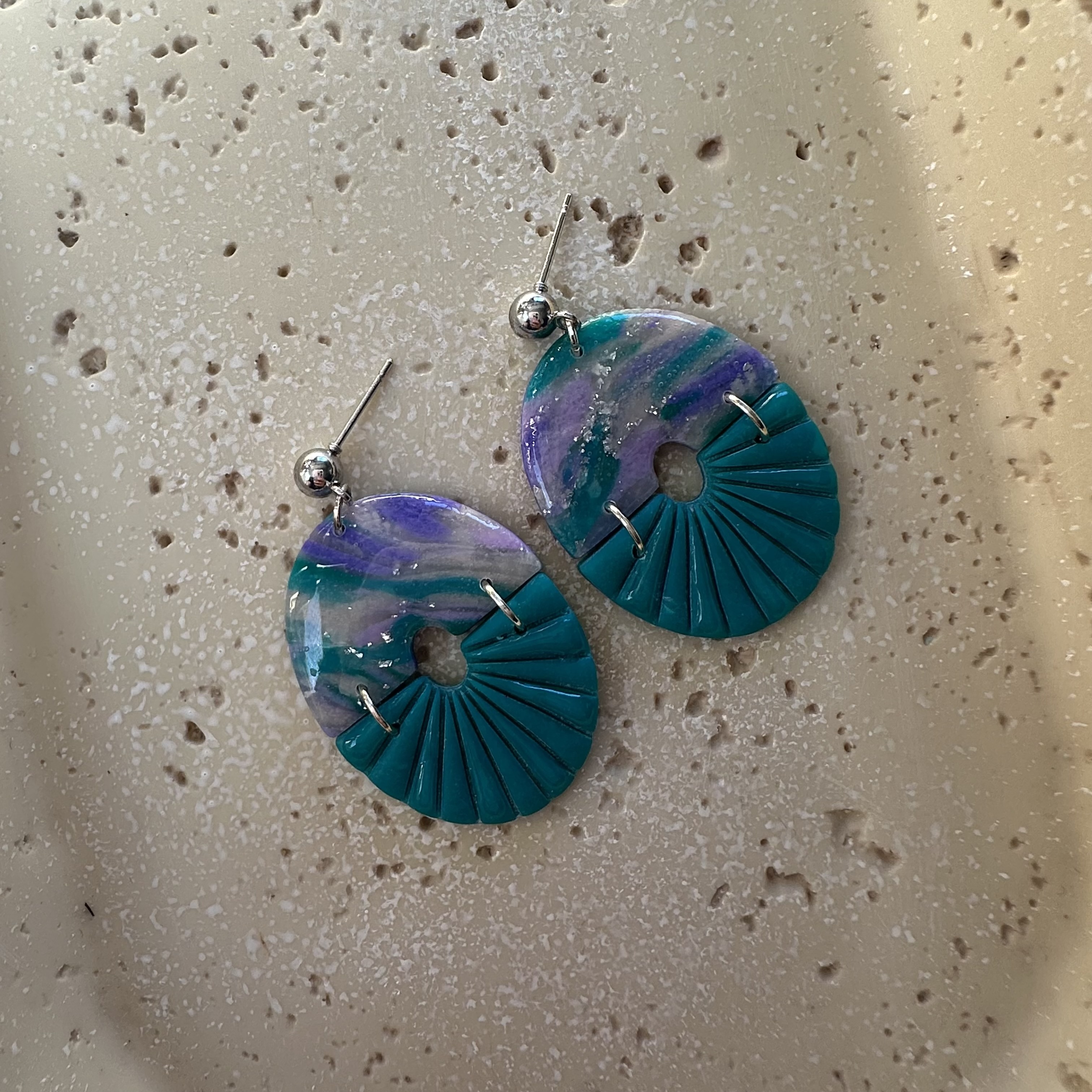 Handcrafted Green and Purple Round Earrings