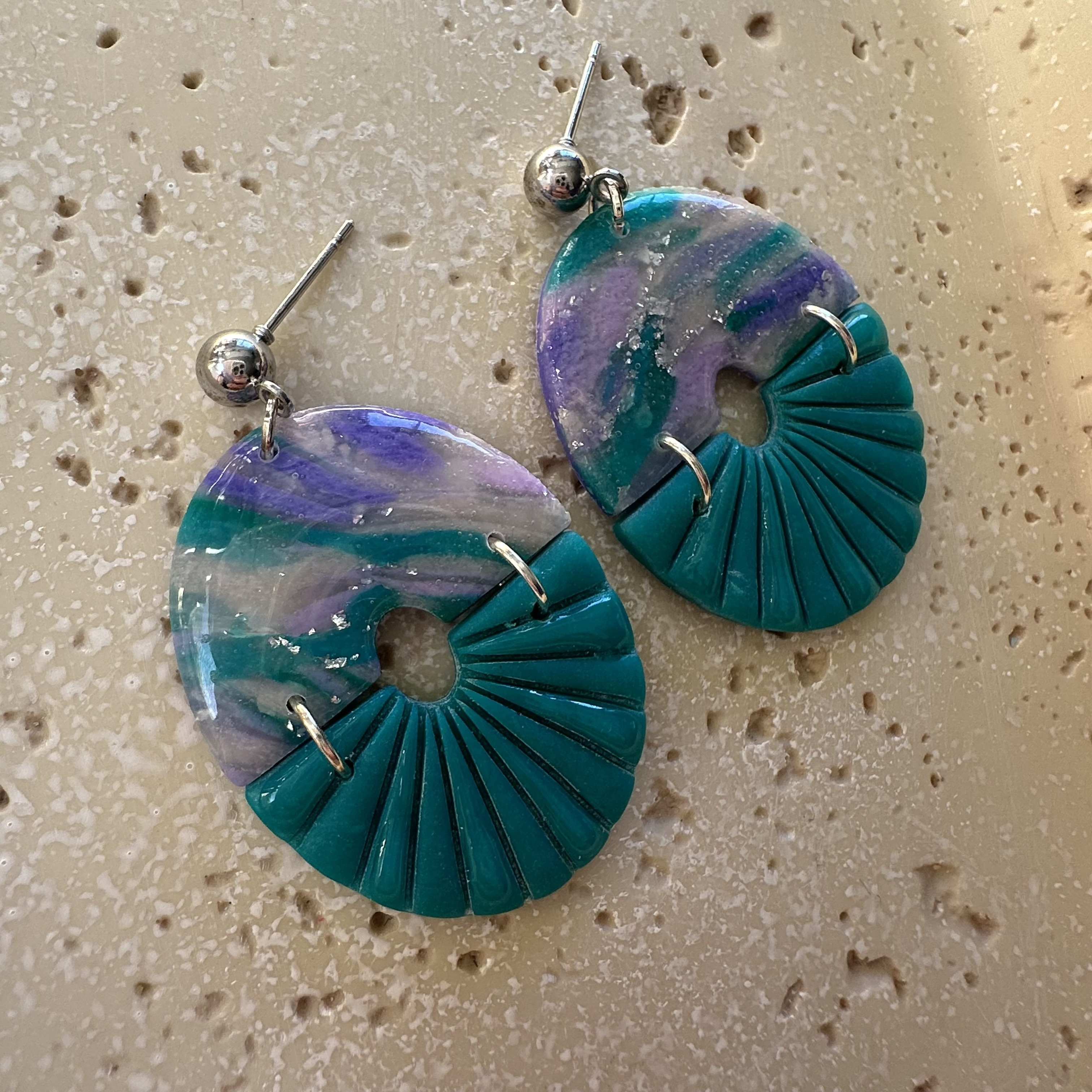 Handcrafted Green and Purple Round Earrings