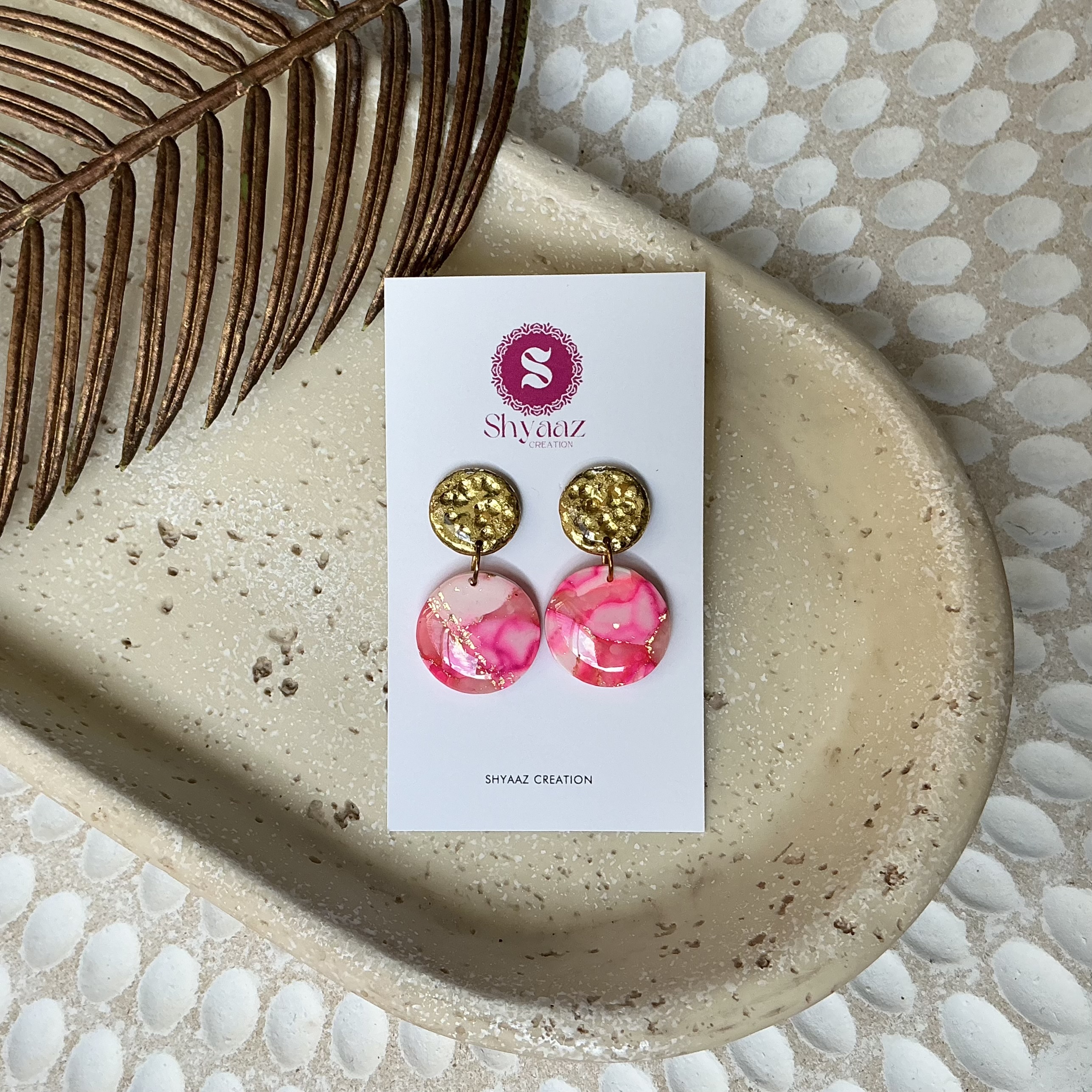 Gold and Pink Marble Dangle Earrings