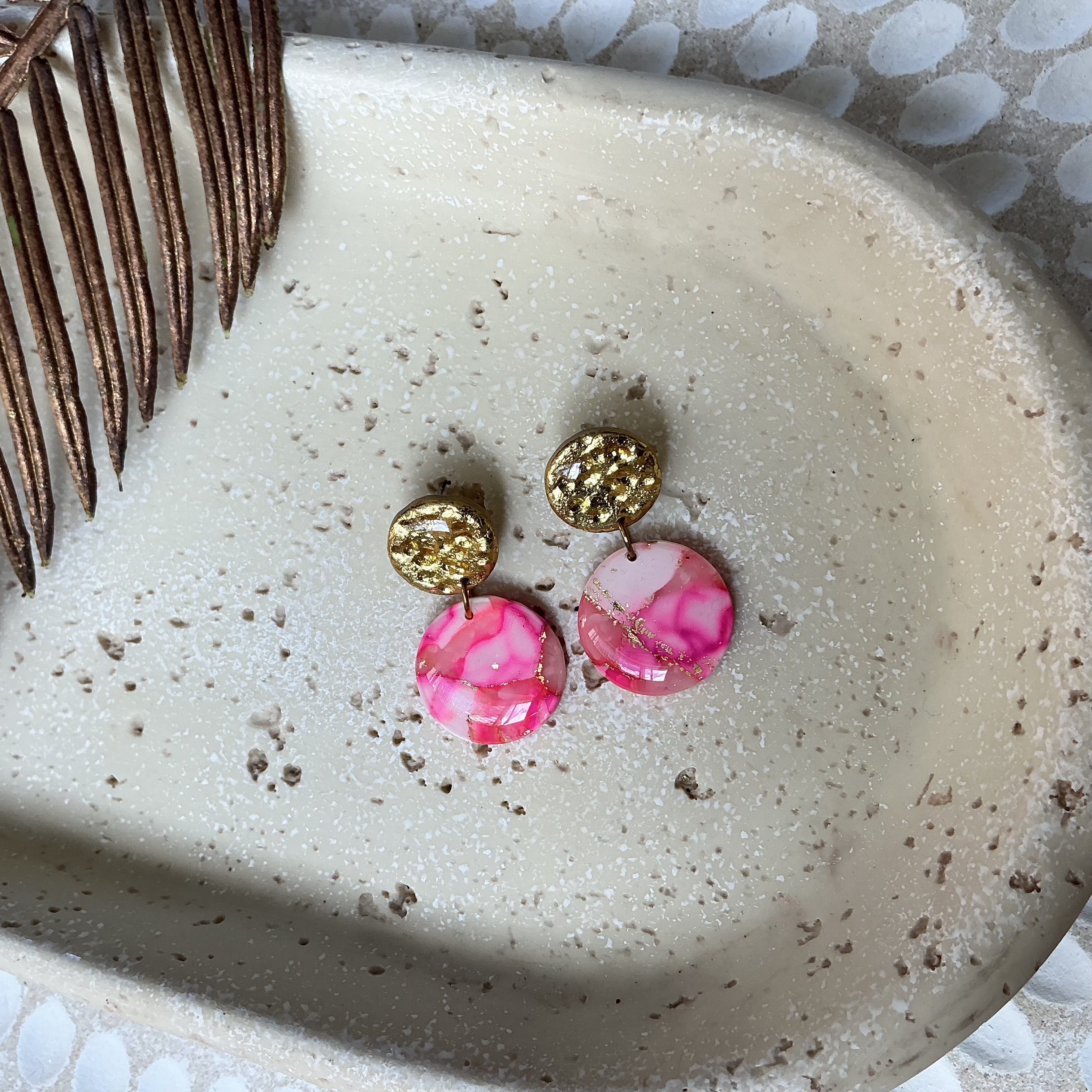 Gold and Pink Marble Dangle Earrings