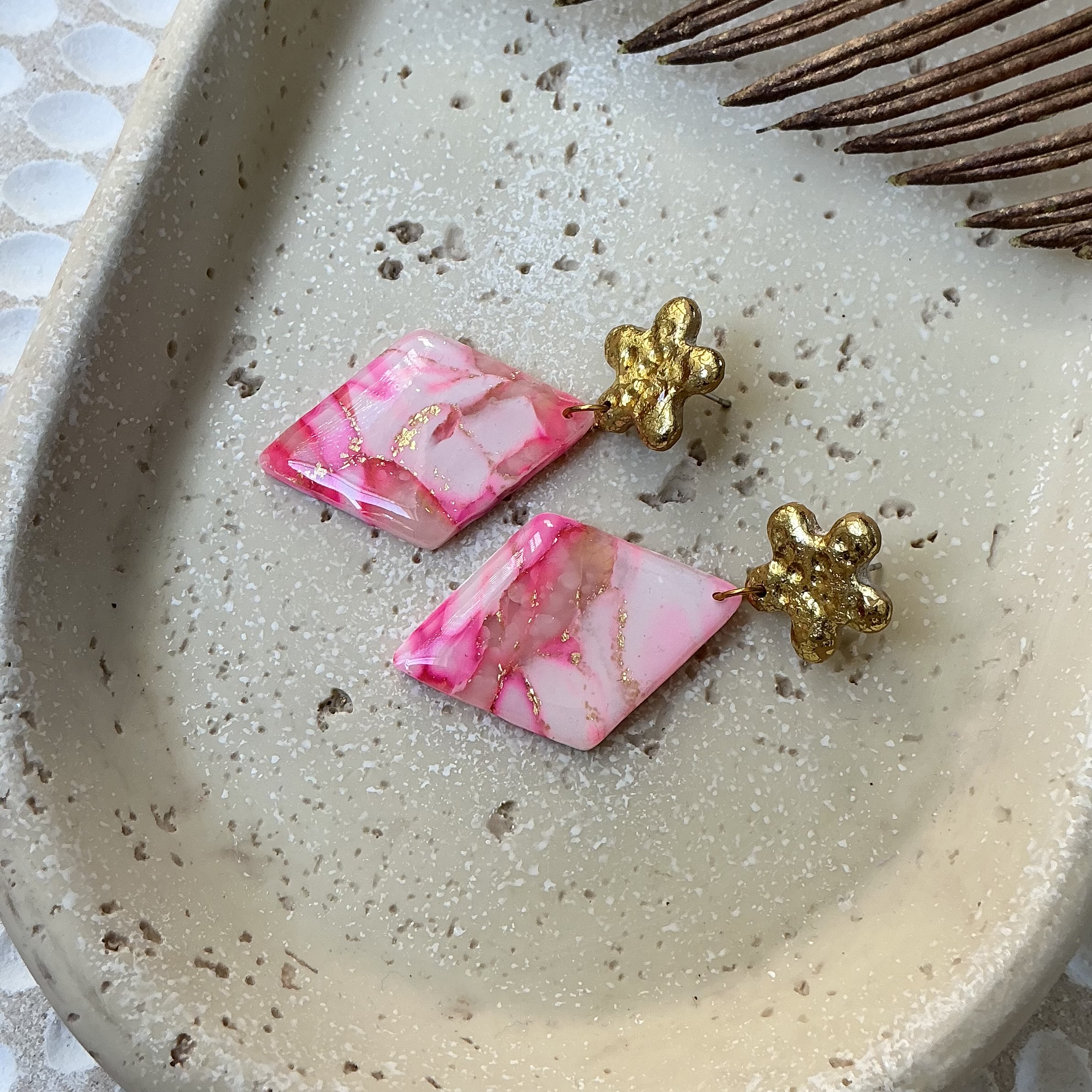 Handcrafted Pink and Gold Statement Earrings