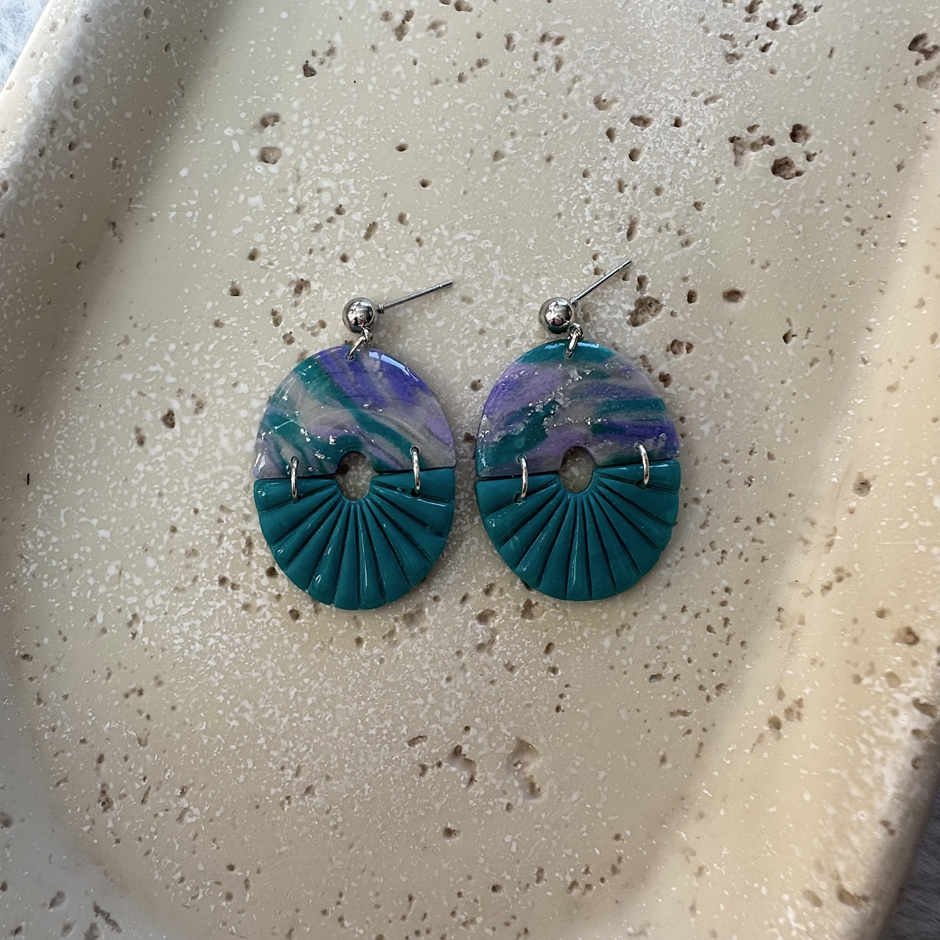 Handcrafted Green and Purple Round Earrings