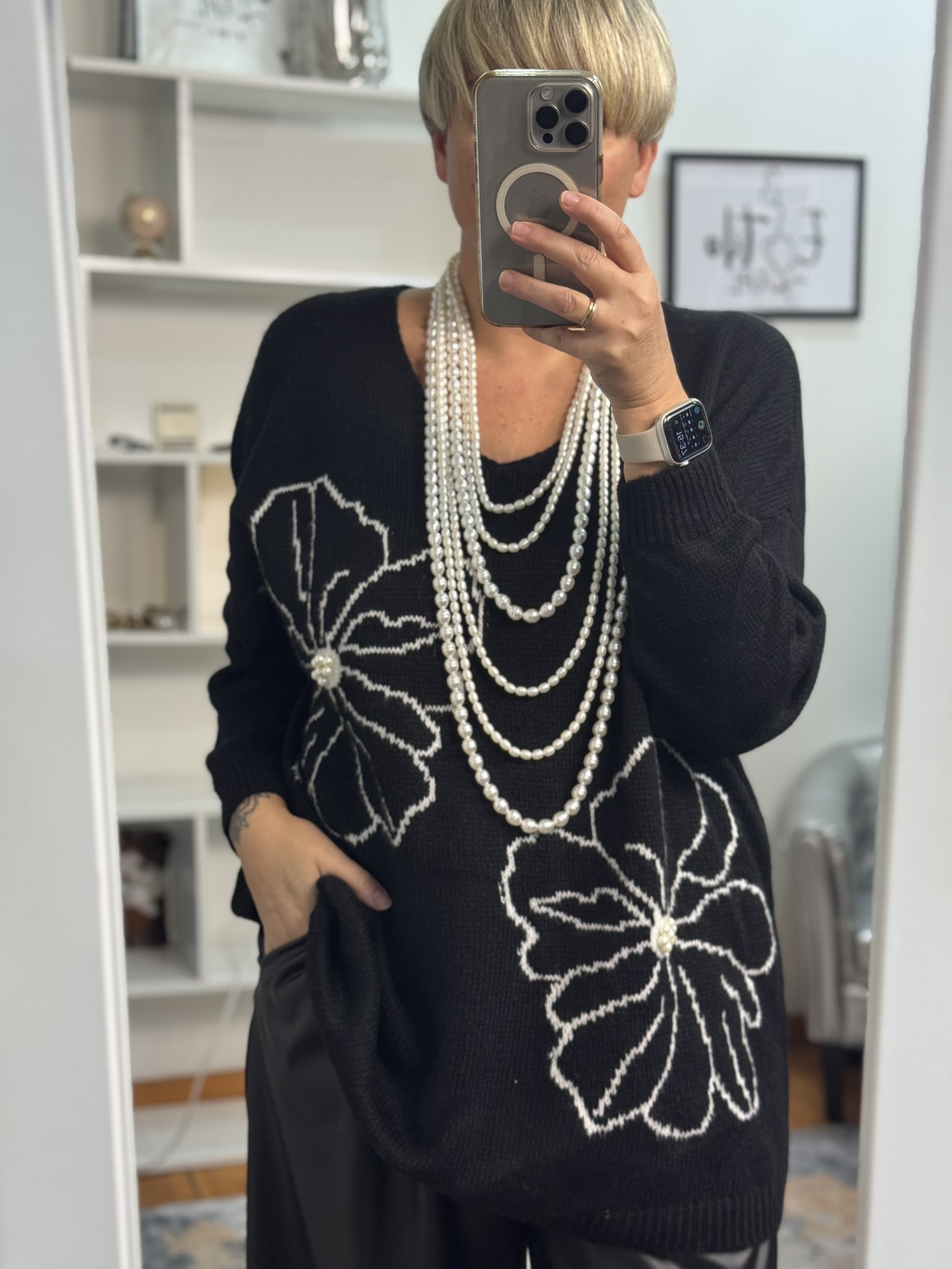 Jersey pico flores detalle perlas