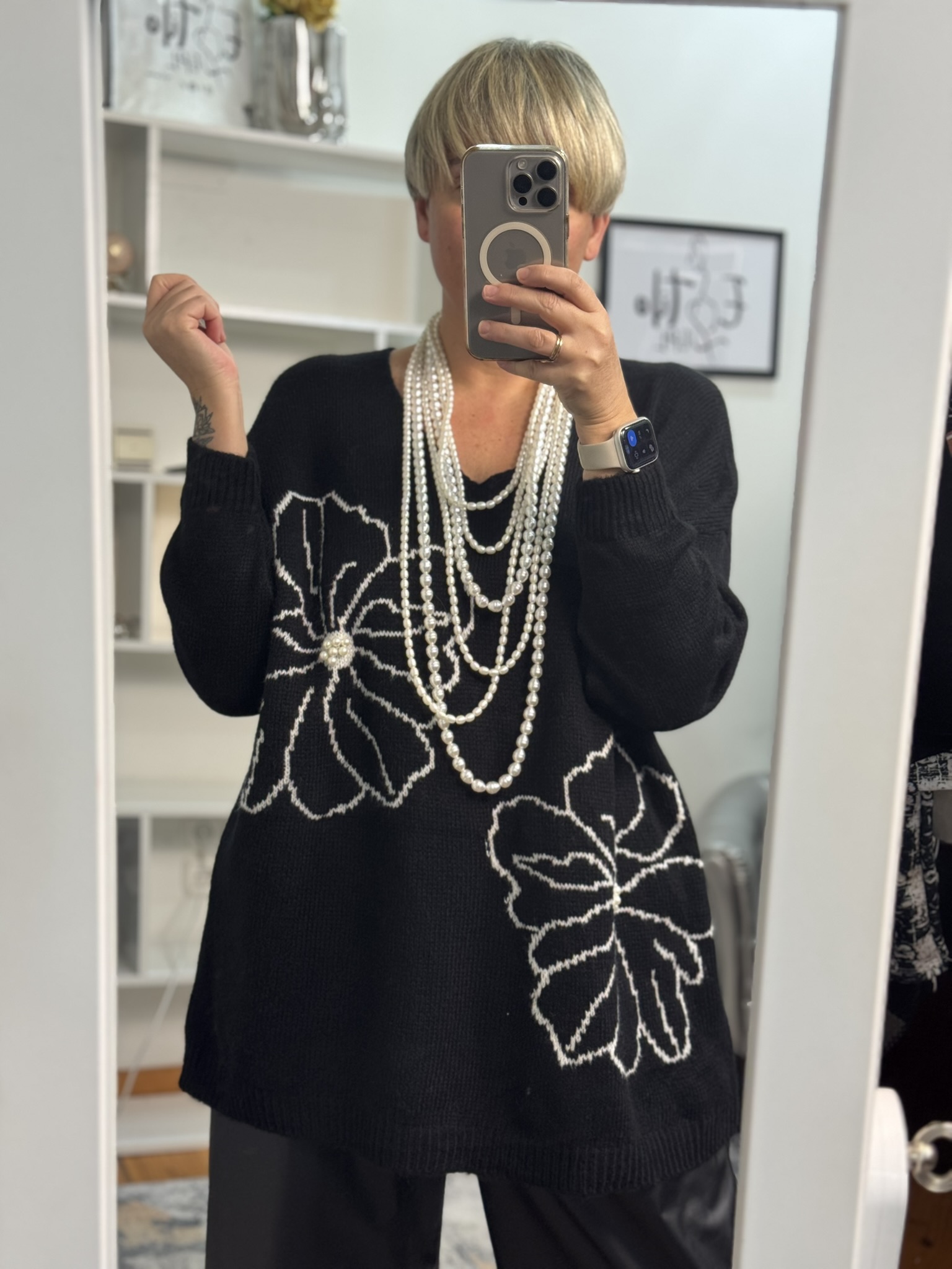 Jersey pico flores detalle perlas