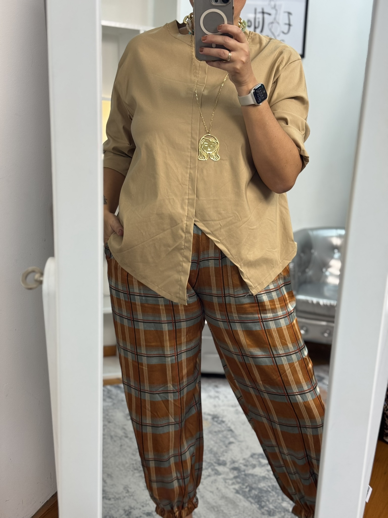 Pantalón bombacho satín cuadros