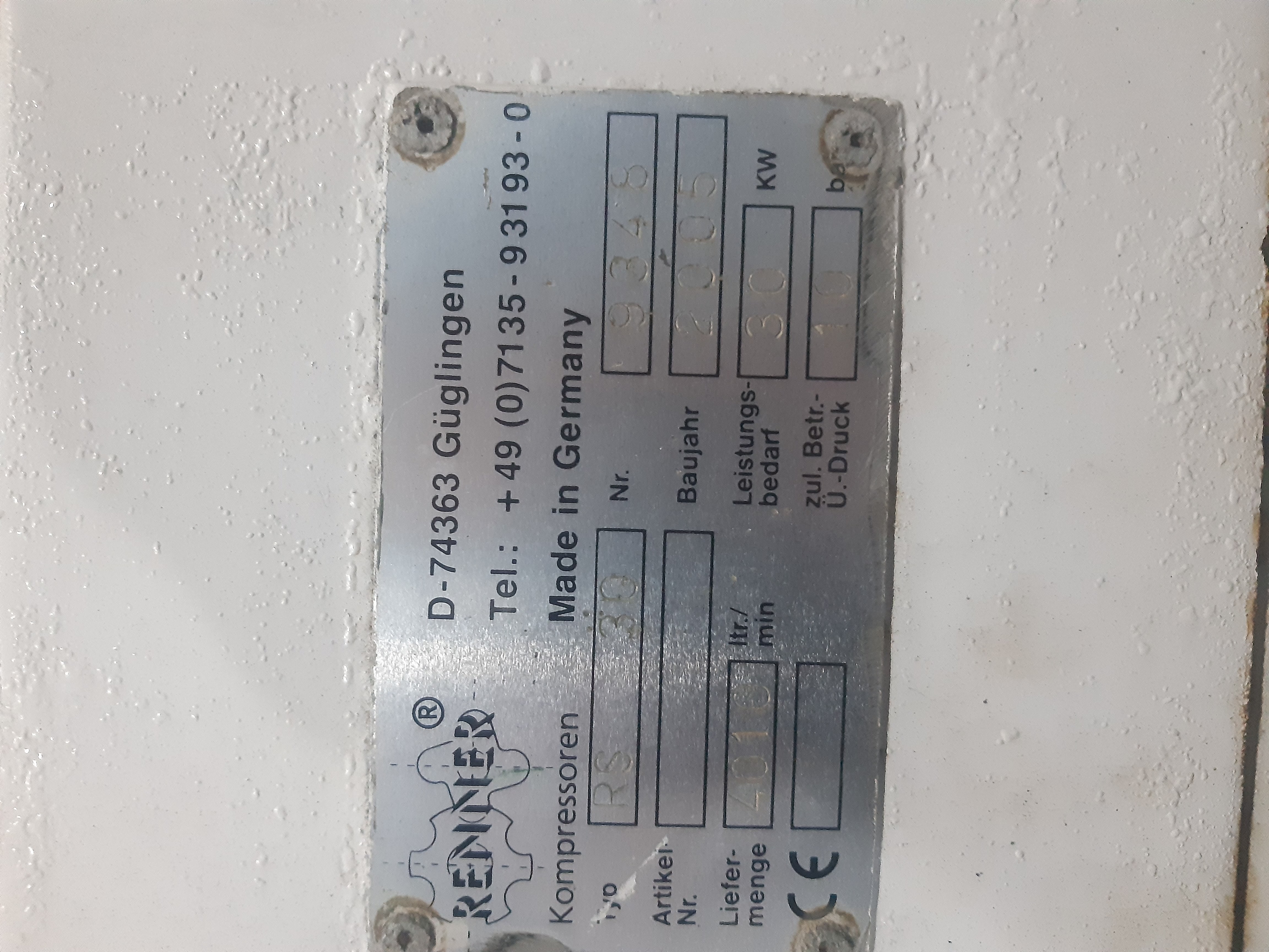 Used Renner RS30 Air Compressor (2005) – 10 Bar, 4010 L/min, 6-Month Warranty