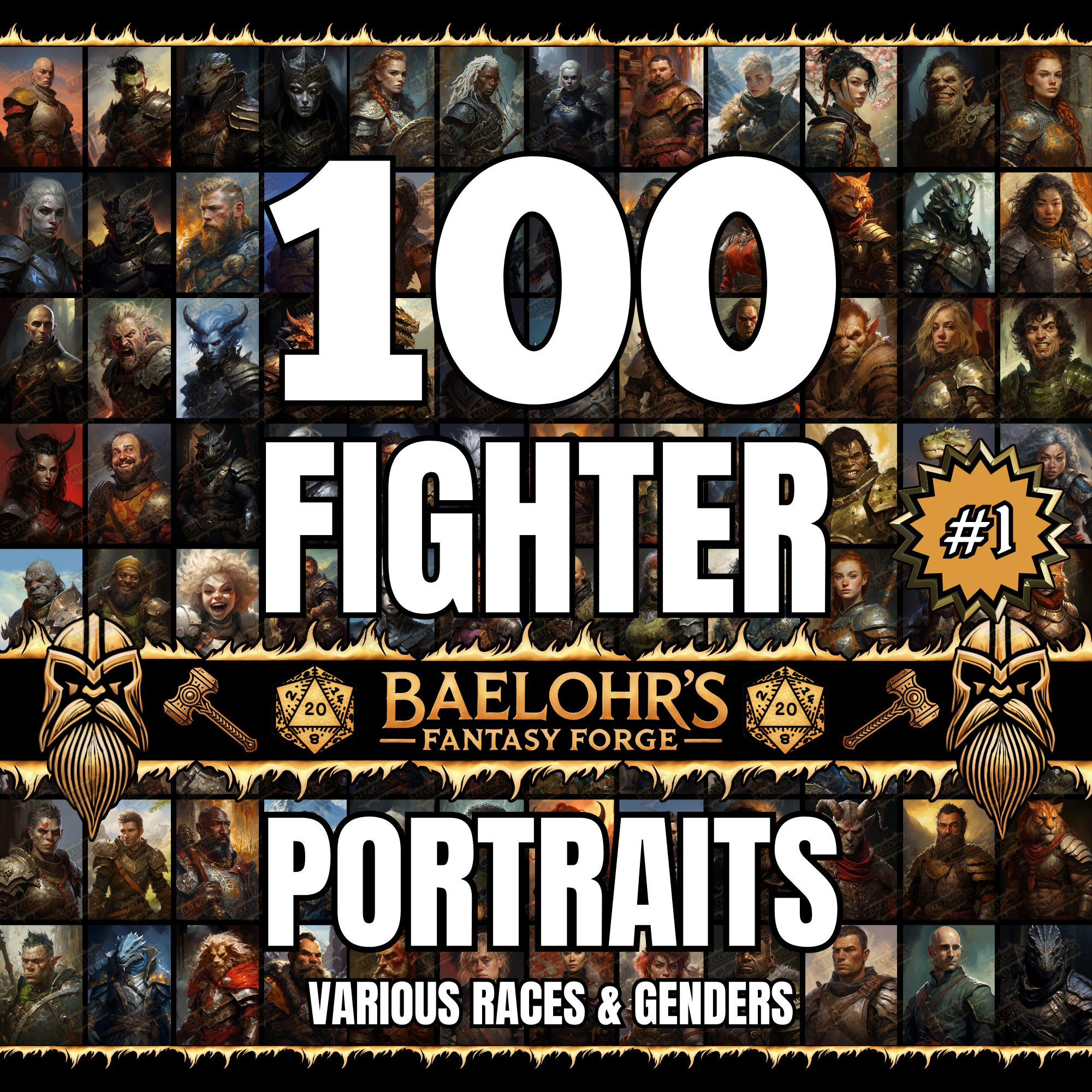 100 Unique D&D Fighter Portrait Pack Vol1