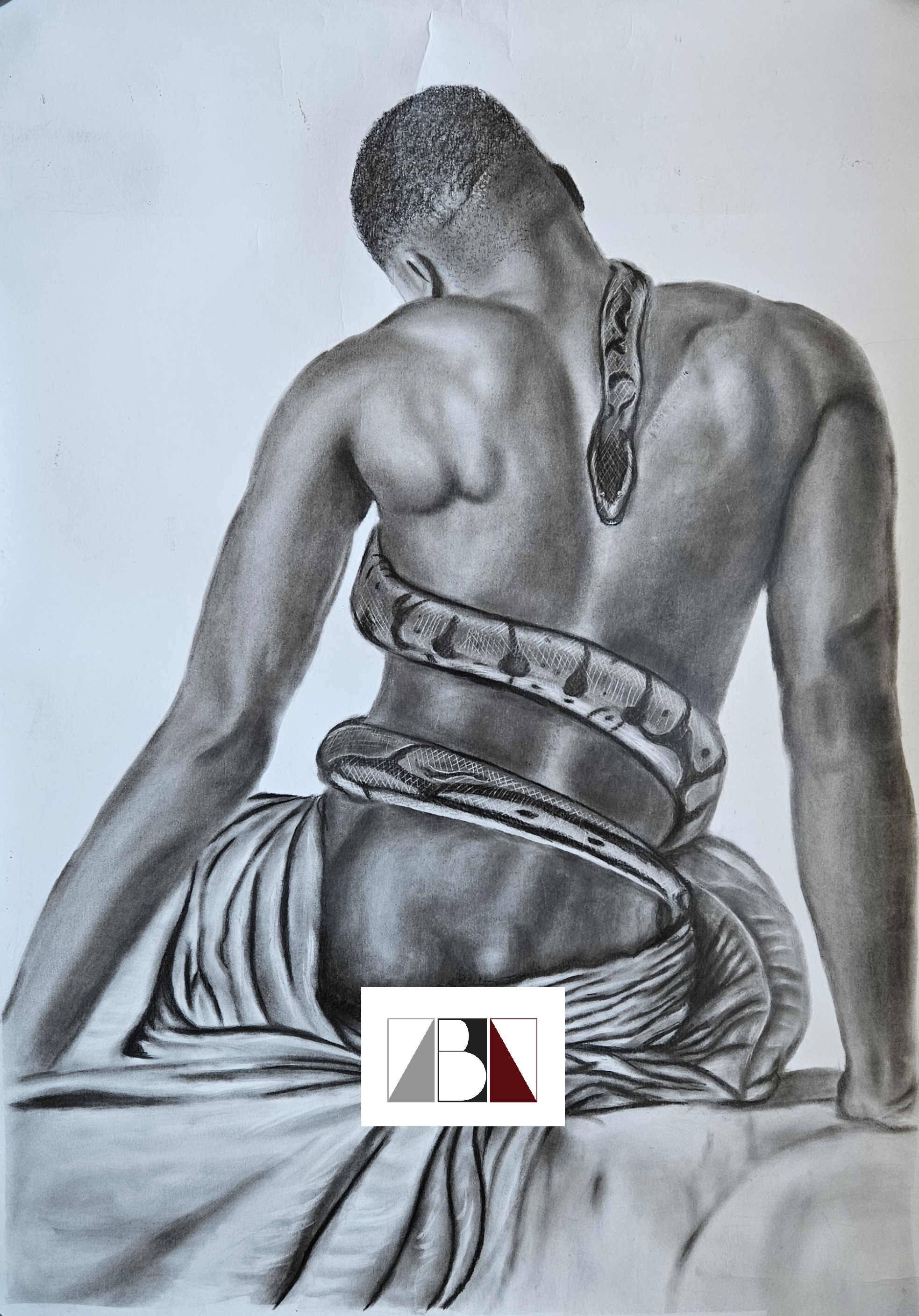 "Embrace of the Ancients – Charcoal Drawing of a Man with a Serpent