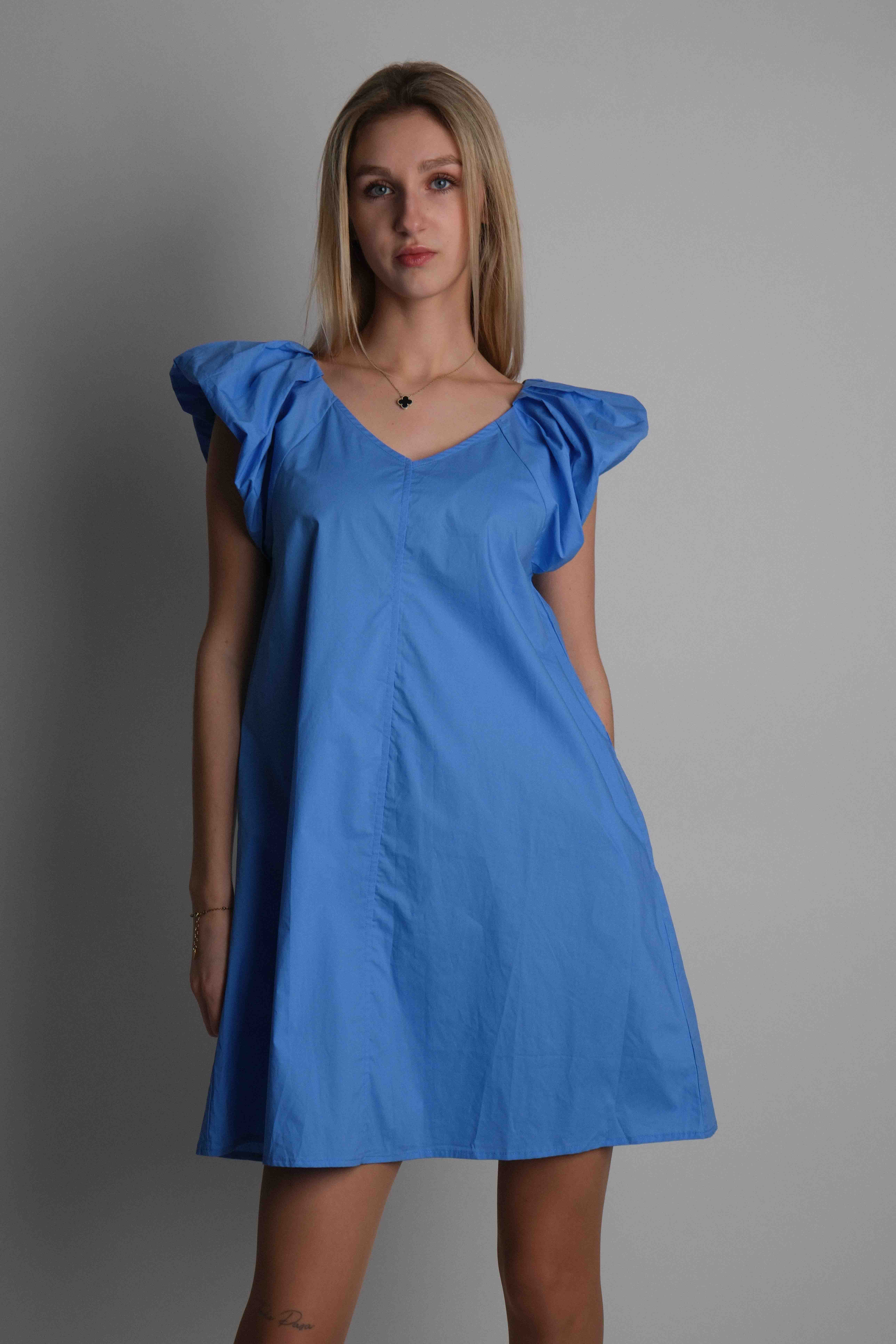 Mėlyna suknelė su kišenėmis