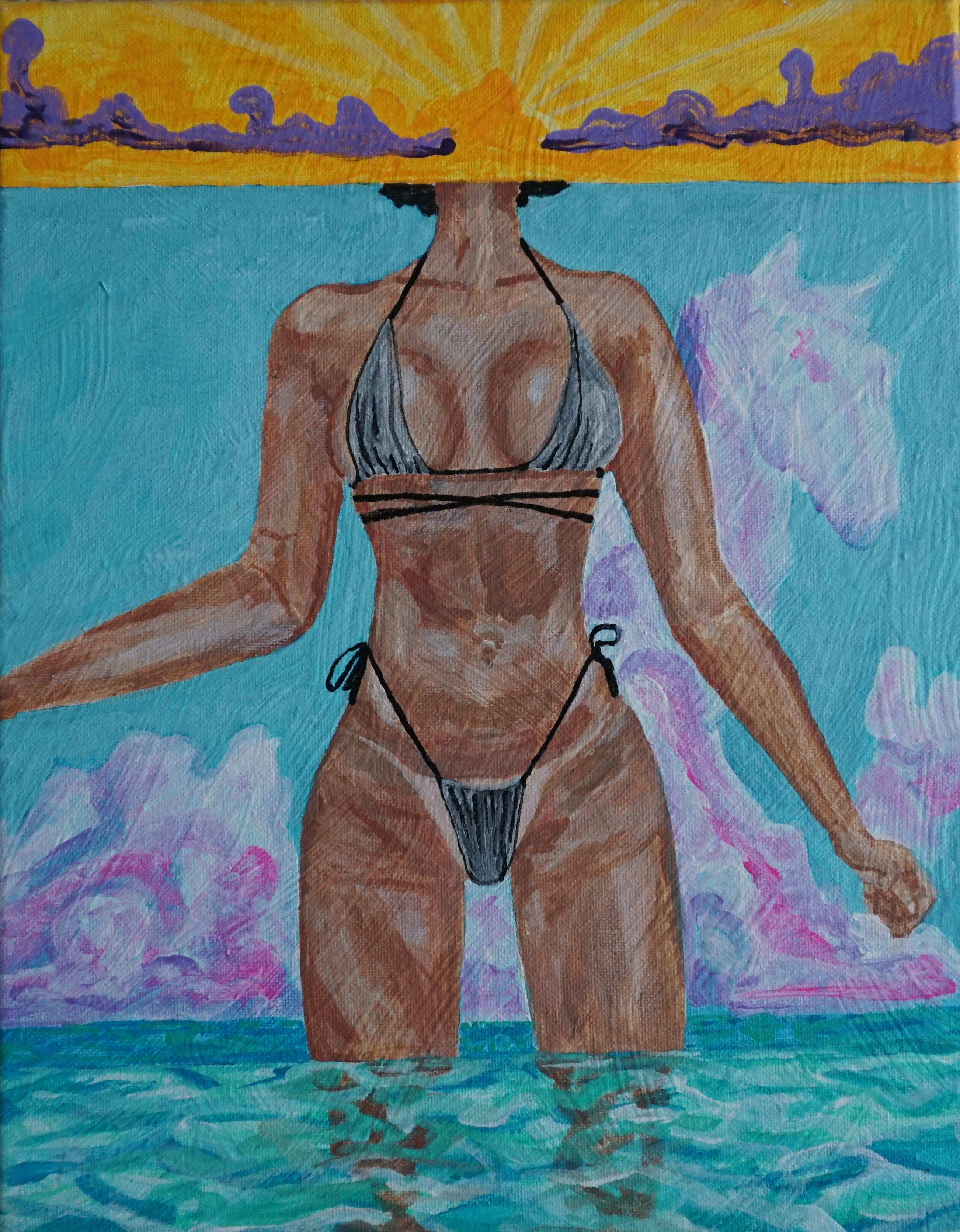 "Bikini Ai" 2023 Kevo 11in x 14in Acrylic paint/Stretched canvas/Portrait-Surreal 