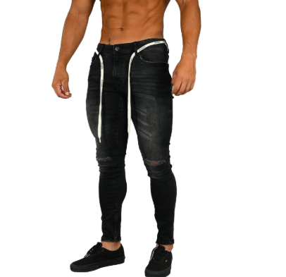 Youngla Skinny Ripped Denim for Men with distressed ankle zip, logo belt.