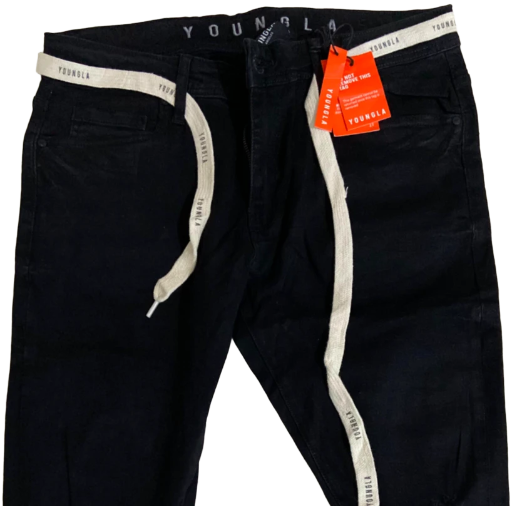 Youngla Skinny Ripped Denim for Men with distressed ankle zip, logo belt.