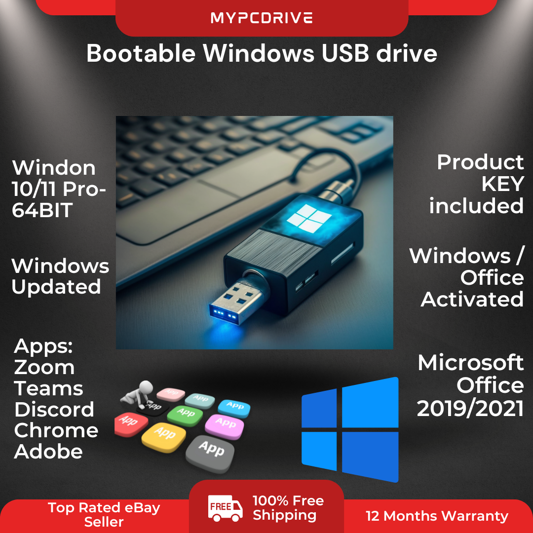Windows 10/11 PRO Bootable USB Drive - Custom ISO Plug & Play