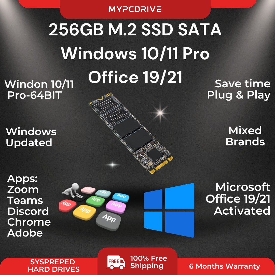 256GB SATA M.2 SSD Preinstalled Windows 10/11 Pro Apps Plus Office 2019/2021