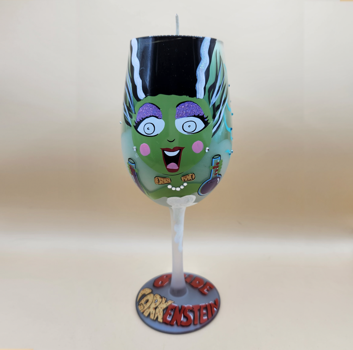Hand-Painted Frankenstein’s Bride Wine Glass