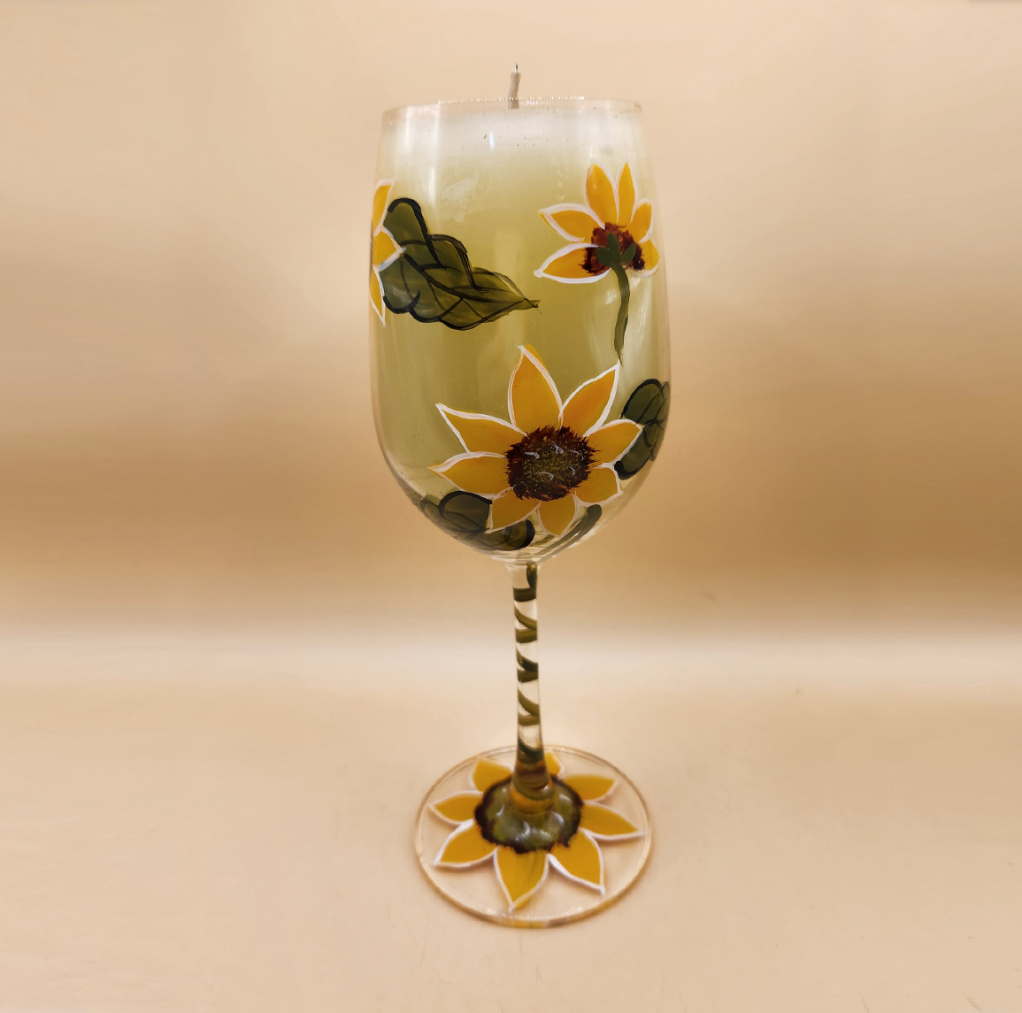 Hand-painted sunflower wine glass candle
