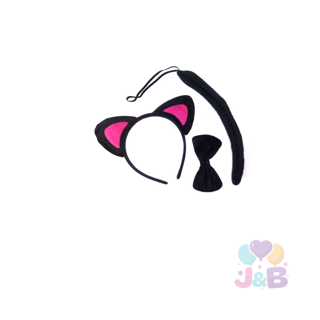 SET ANIMAL 3 PIEZAS CINTILLO GATO NEGRO OREJA FUCCIA X1 UNI