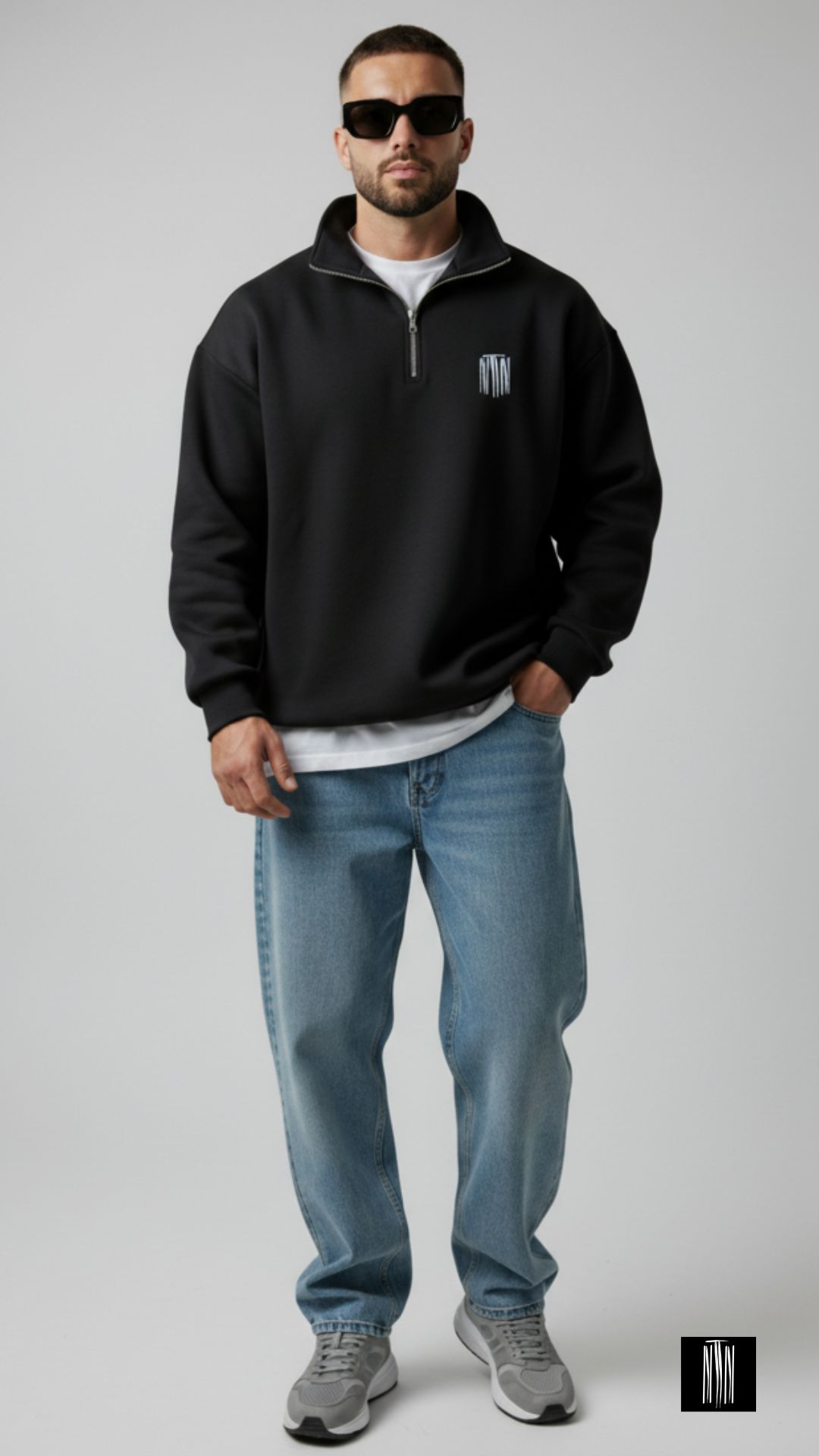 Black Chapter Oversized Half-Zip Sweater – Unisex Minimal Streetwear by Thread Muse