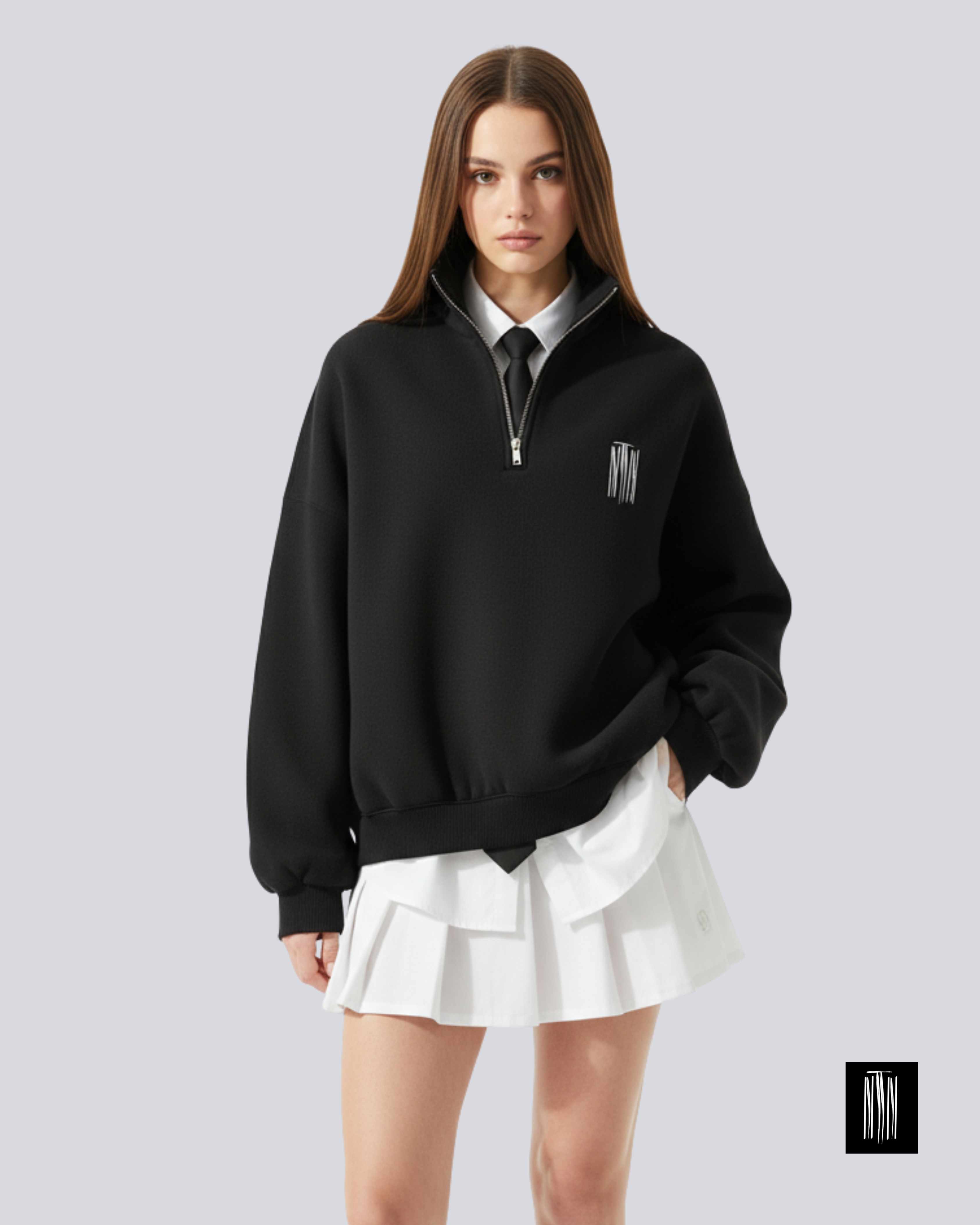 Black Chapter Oversized Half-Zip Sweater – Unisex Minimal Streetwear by Thread Muse