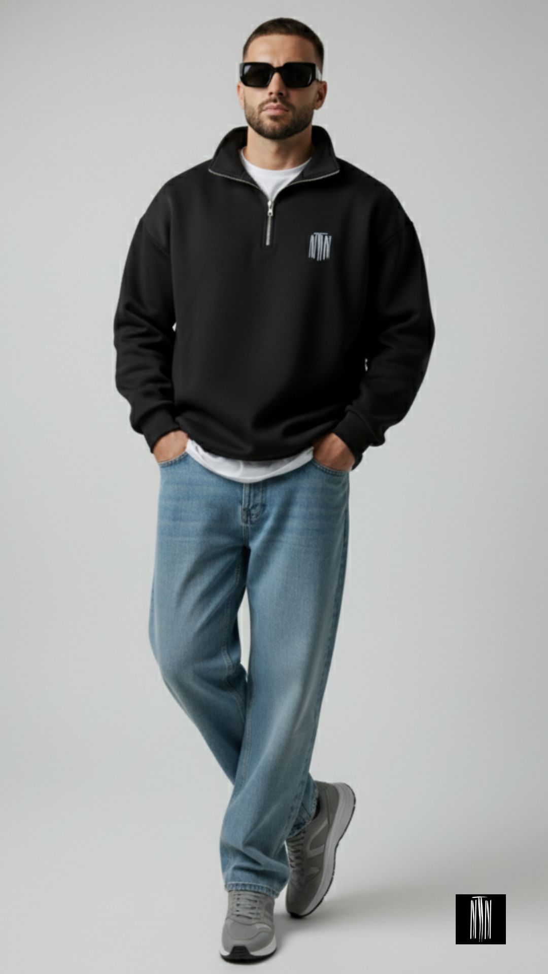 Black Chapter Oversized Half-Zip Sweater – Unisex Minimal Streetwear by Thread Muse