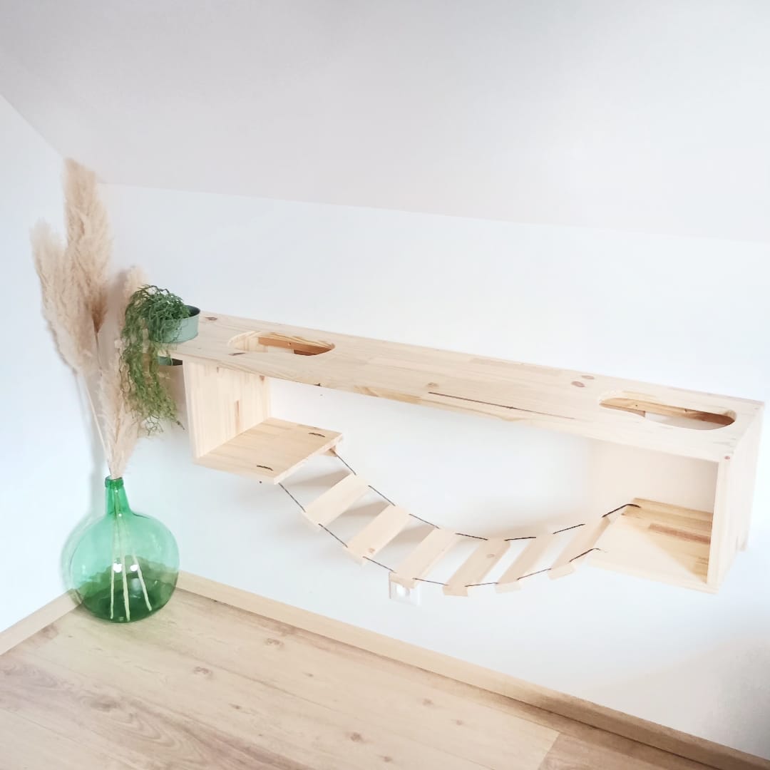 Parcours mural XXL pour chats – Grand pont suspendu & étagère robuste