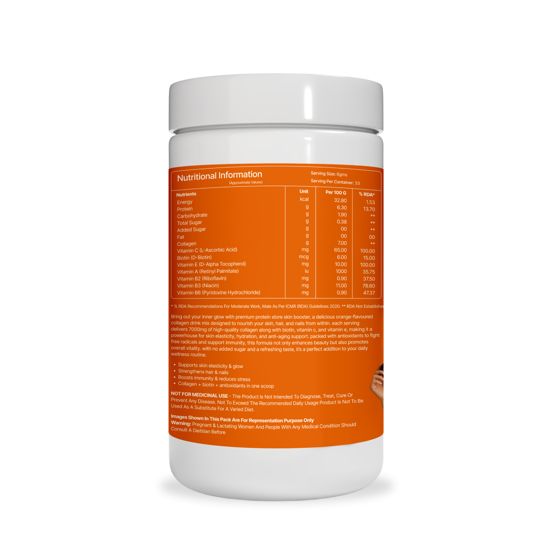 Premium Protein Store Skin Booster – Collagen Drink Powder (200g, Orange Flavor) | Enriched with Antioxidants, Biotin & Vitamins
