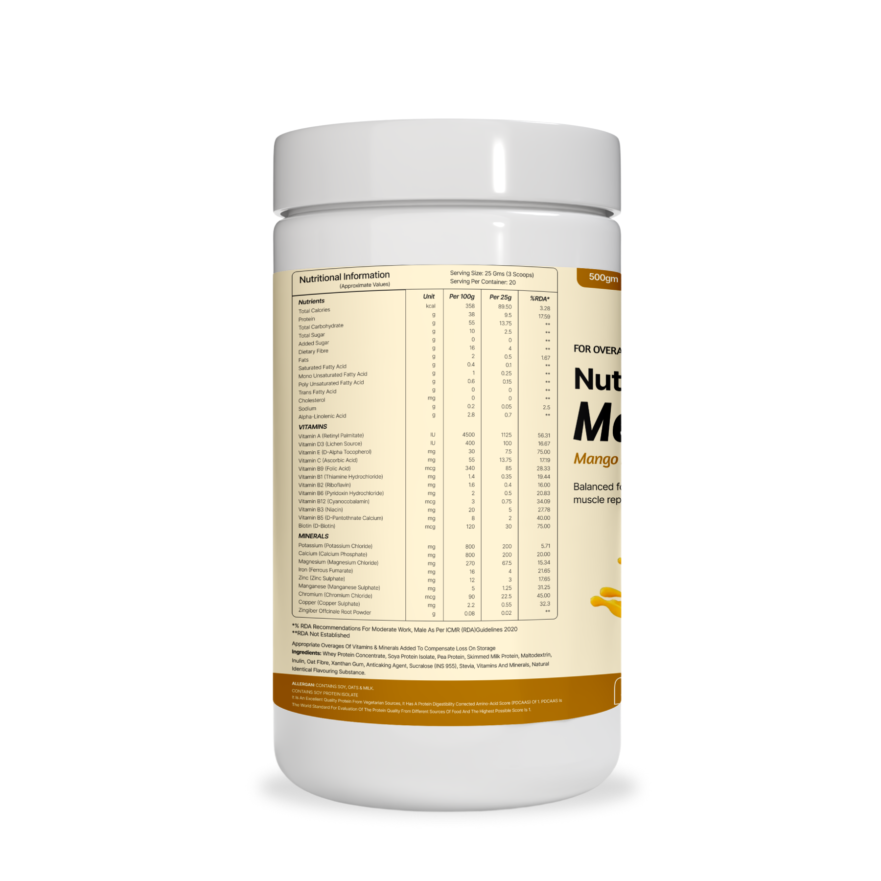 Premium Nutritional Meal Shake (No Sugar, 500g) | Delicious Mango Flavor Nutraceutical Drink Mix By Premium Protein Store