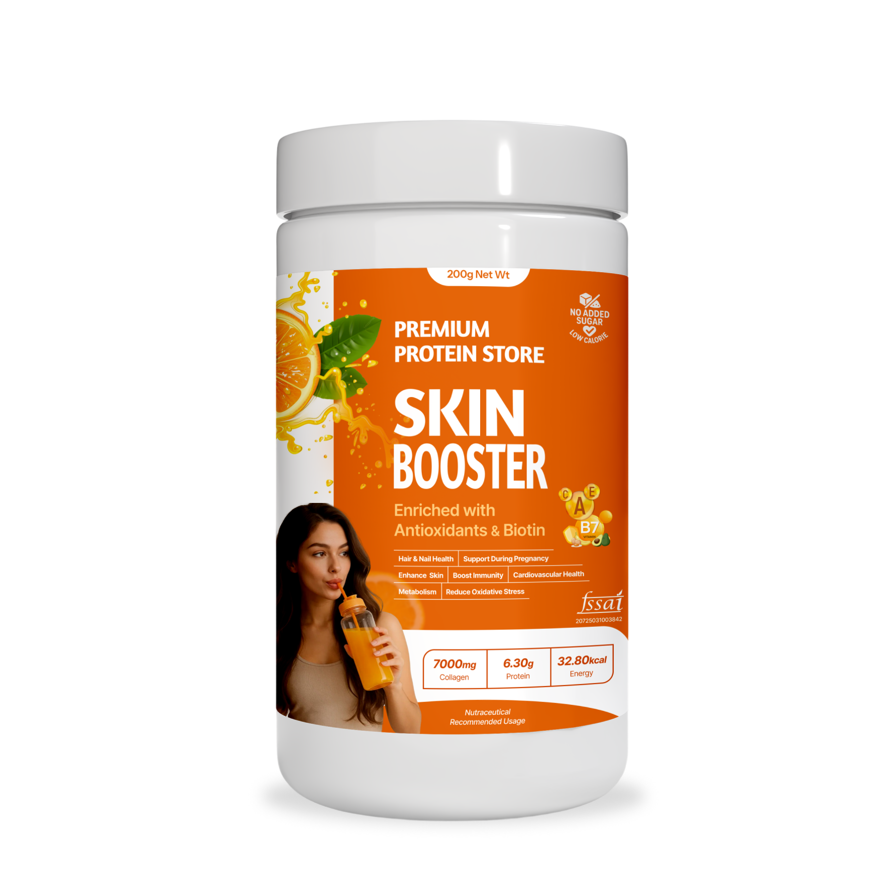Premium Protein Store Skin Booster – Collagen Drink Powder (200g, Orange Flavor) | Enriched with Antioxidants, Biotin & Vitamins