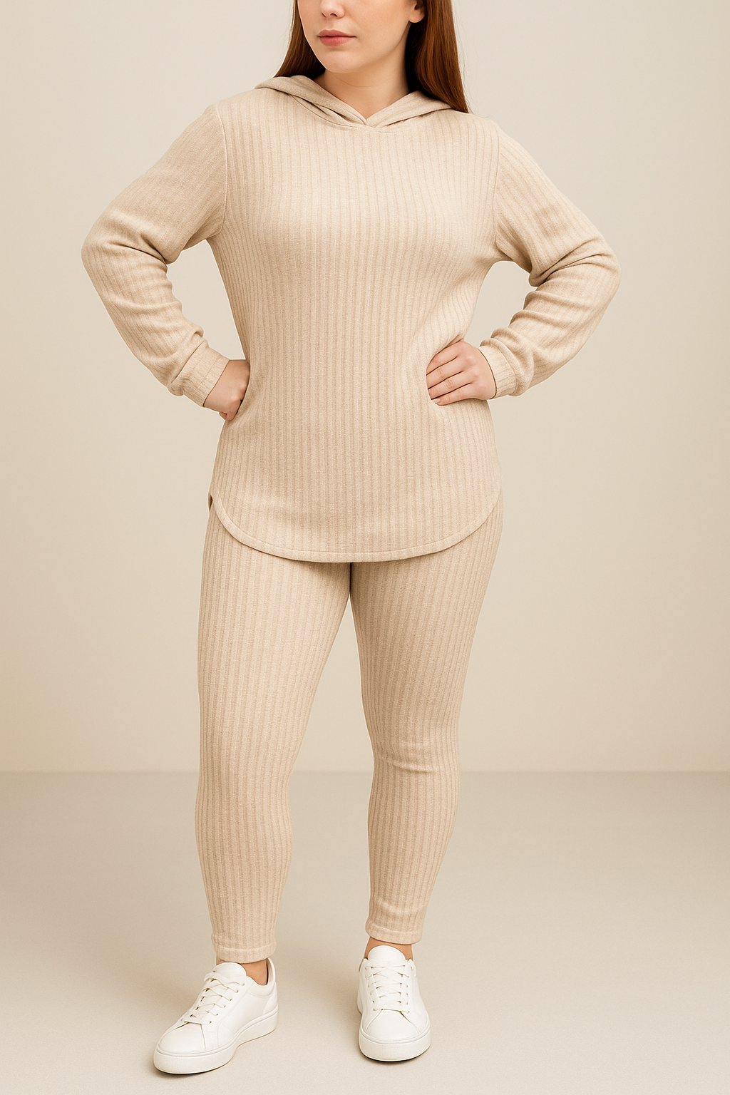 Conjunto Casual Dama Pantalon + Camibuzo capucha Beige