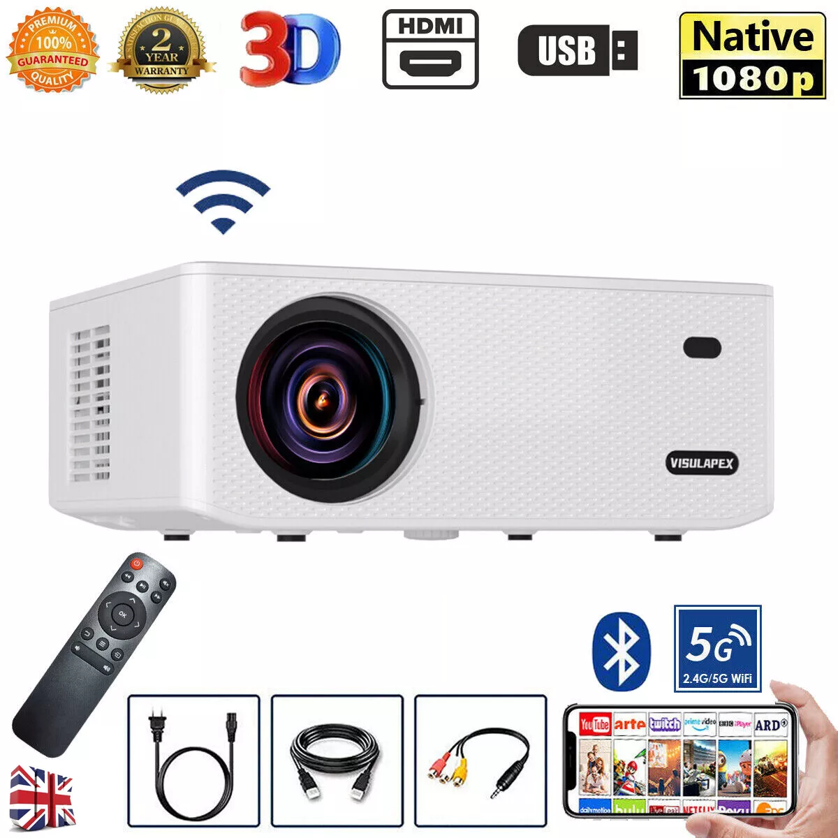4K Projector 25000LMS 1080P 3D 5G WiFi Bluetooth Video Home Theater 250" Display