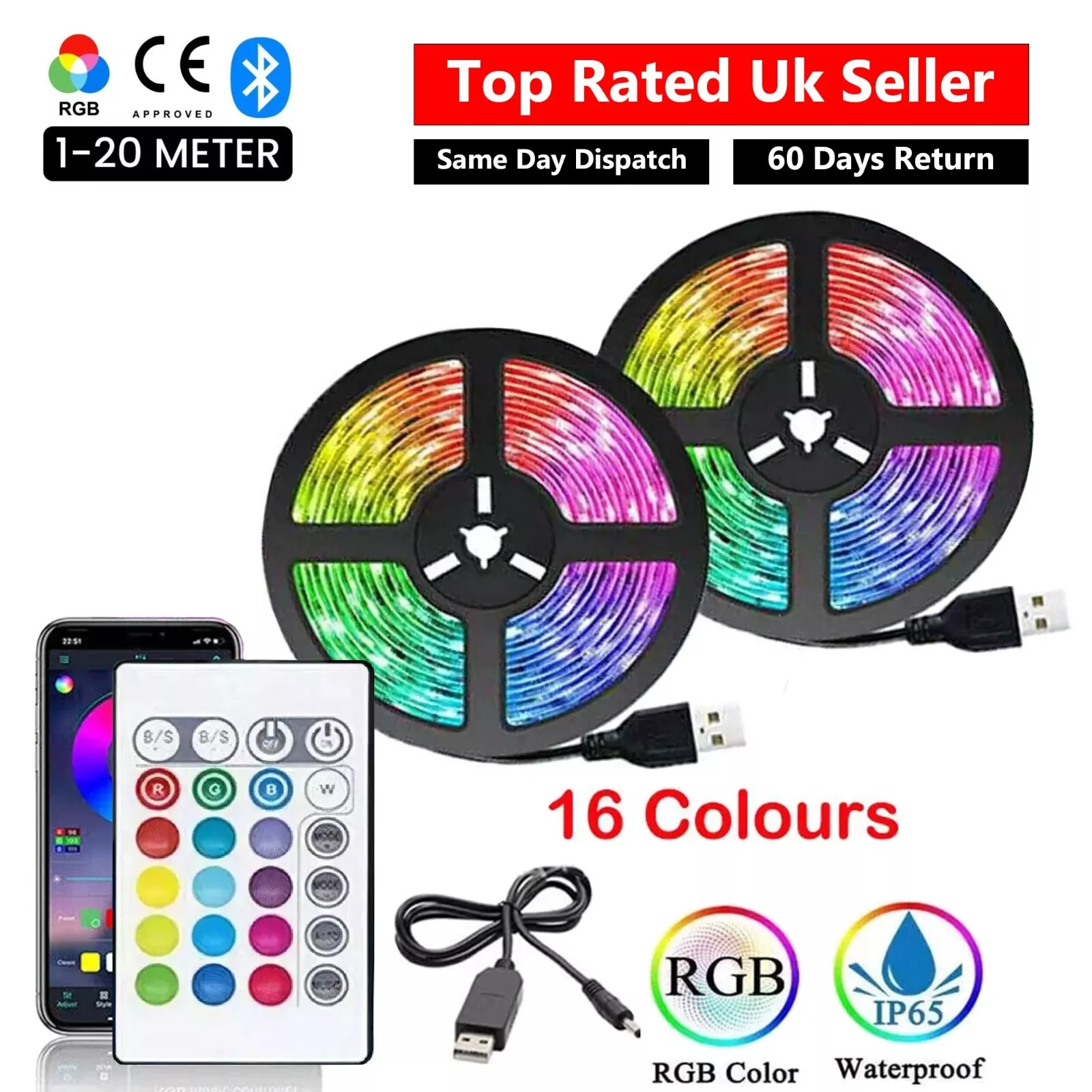 Led strip lights LED Strip Lights USB 1-20m 5050 RGB Colour Changing Tape for kitchen Cabinet, TV