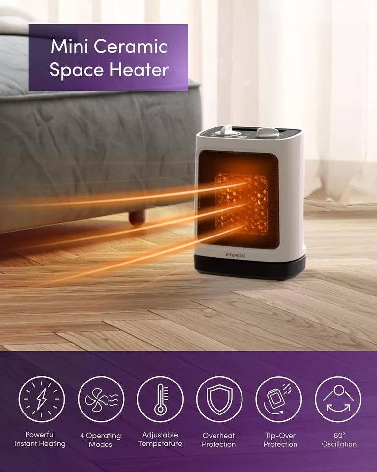 Emperial Mini Fan Heater Ceramic With 2 Heat Settings & Auto Oscillation - 2000W