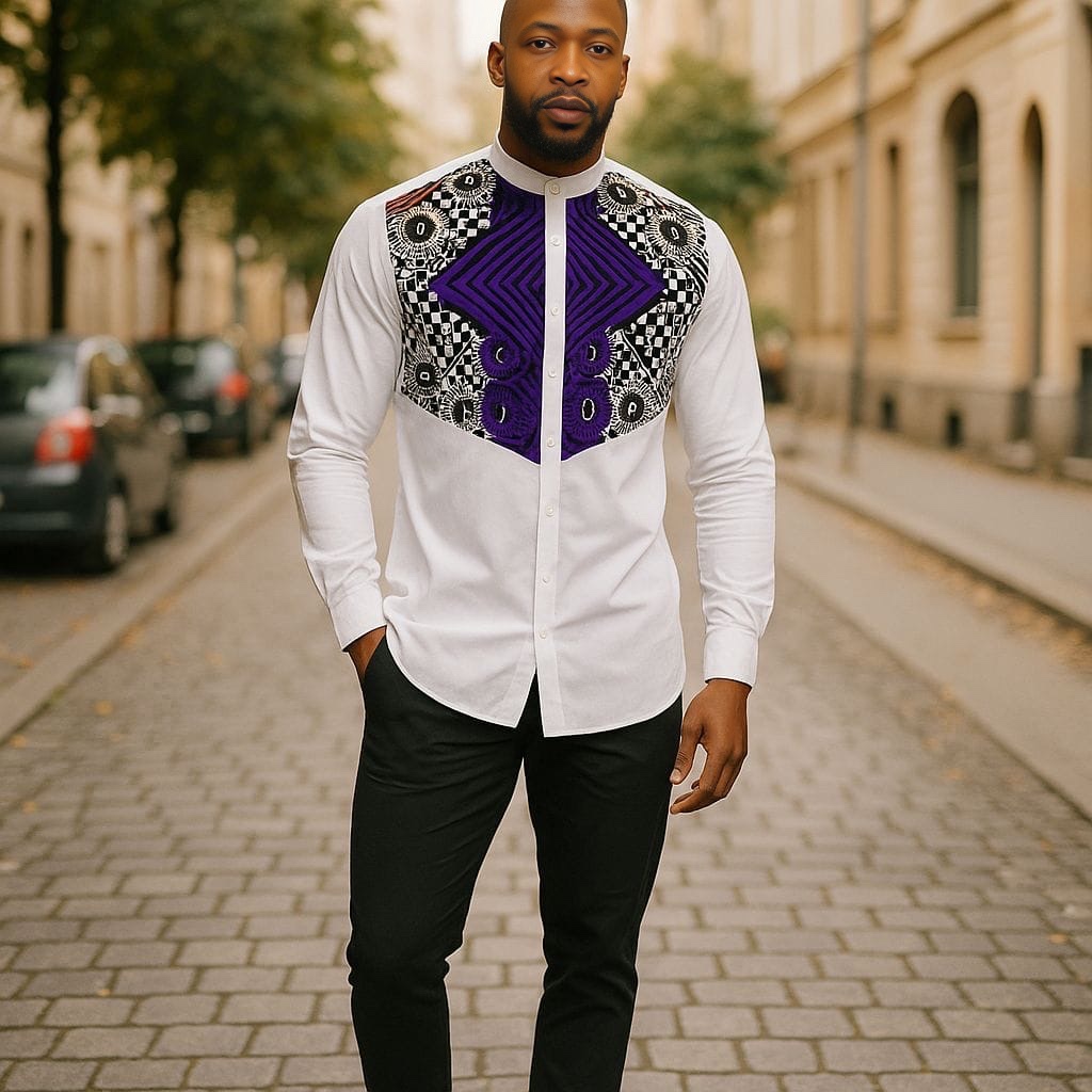 White Long-Sleeve Shirt with Purple Print