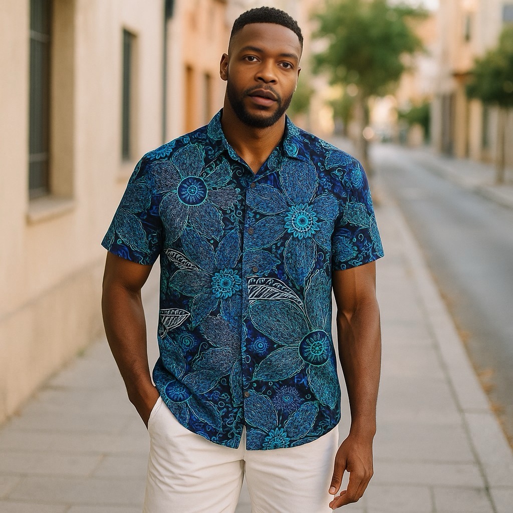 Blue Floral Patterned Short-Sleeve Shirt