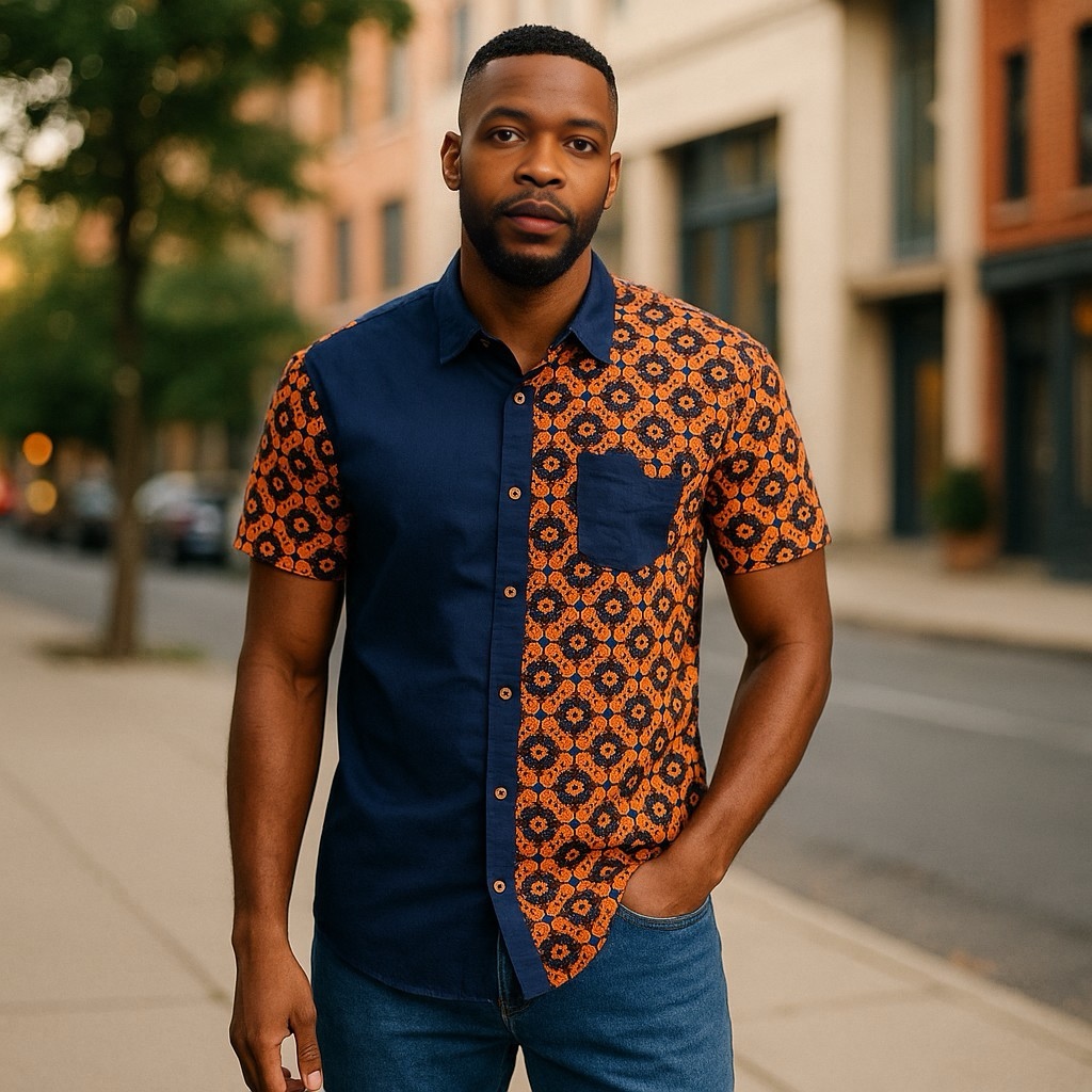 Men's Blue-Orange Patterned Shirt